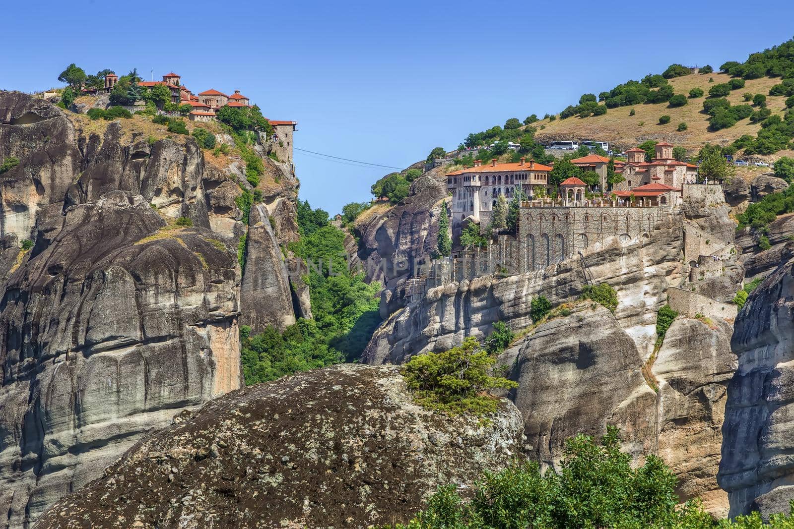 View of Monastery of Varlaam and Great Meteoron on rocks in Meteora, Greece