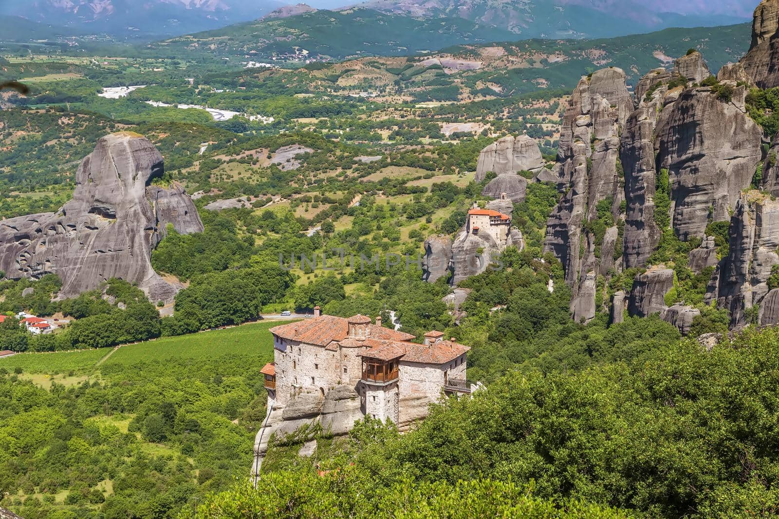 Landscape with Rousanou, the Nikolaos and the Great Meteoron monasteries in Meteora, Greece