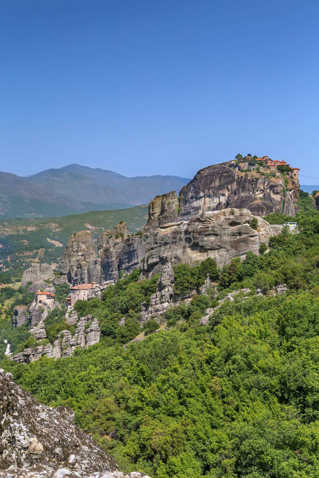 View of rocls and monastery in Meteora, Greece