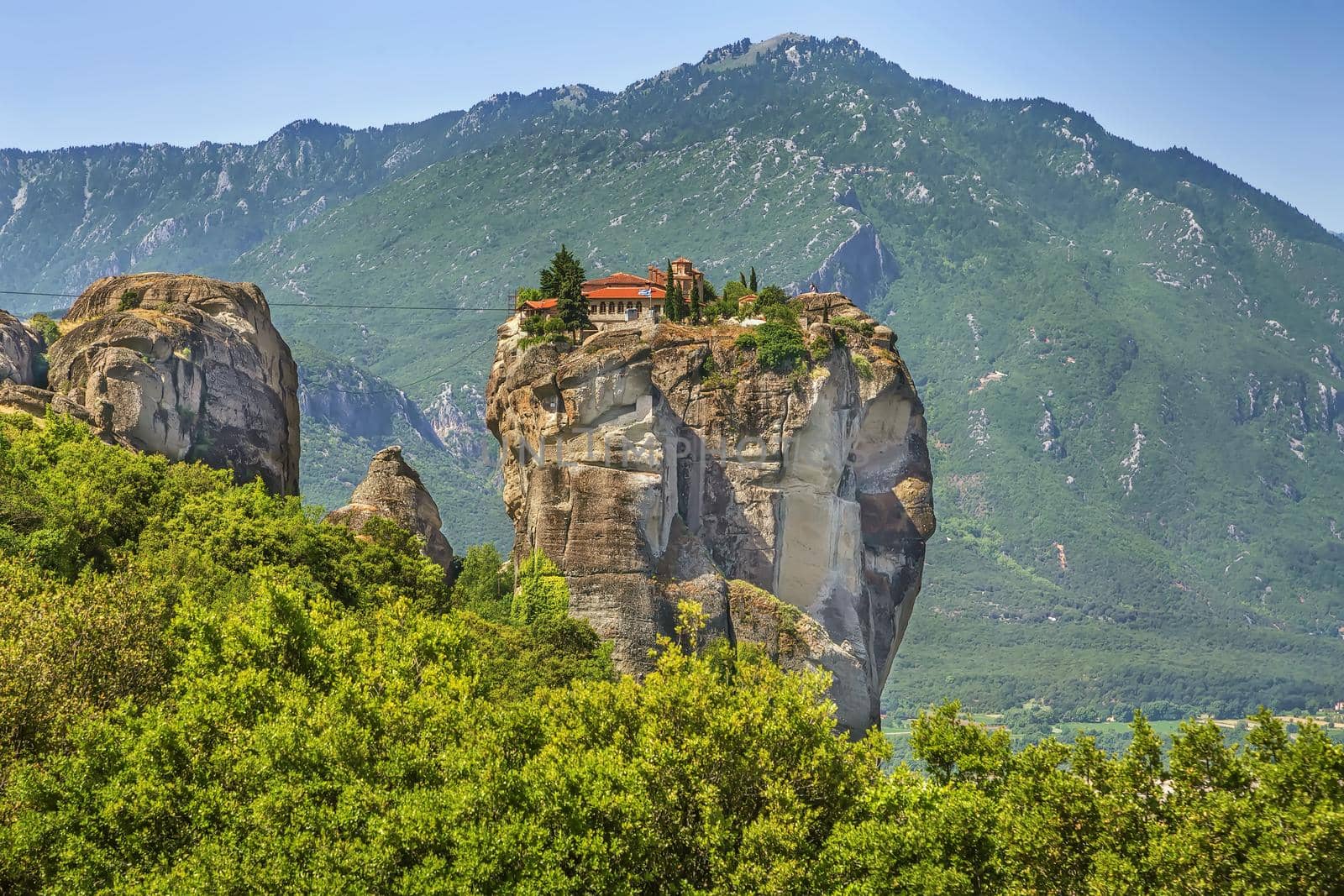 View of Monastery of the Holy Trinity om rock in Meteora, Greece