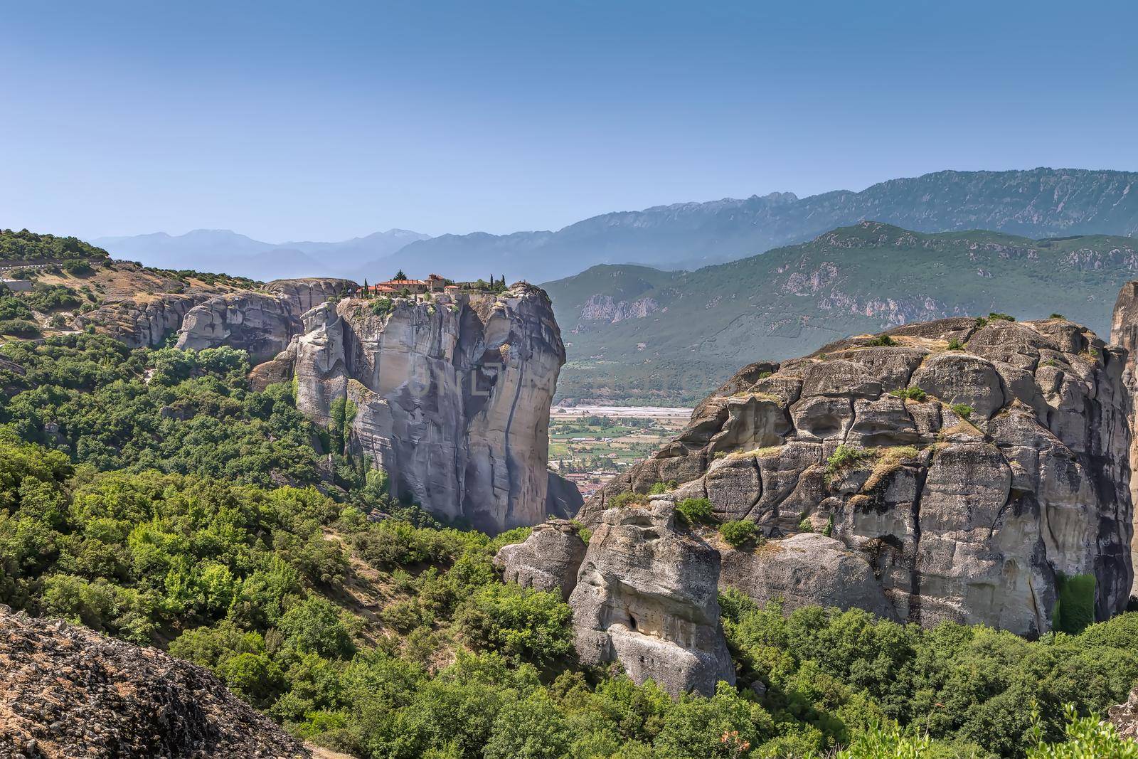 Landscape with rocks and monastery in Meteora, Greece