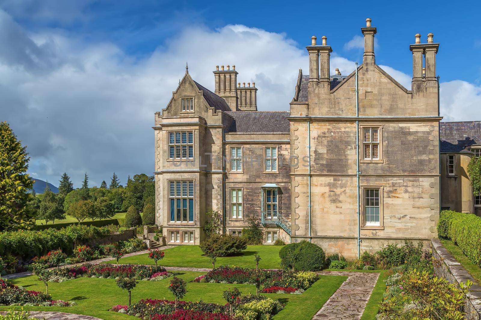 Muckross House is located between two of the lakes of Killarney in County Kerry, Ireland. 