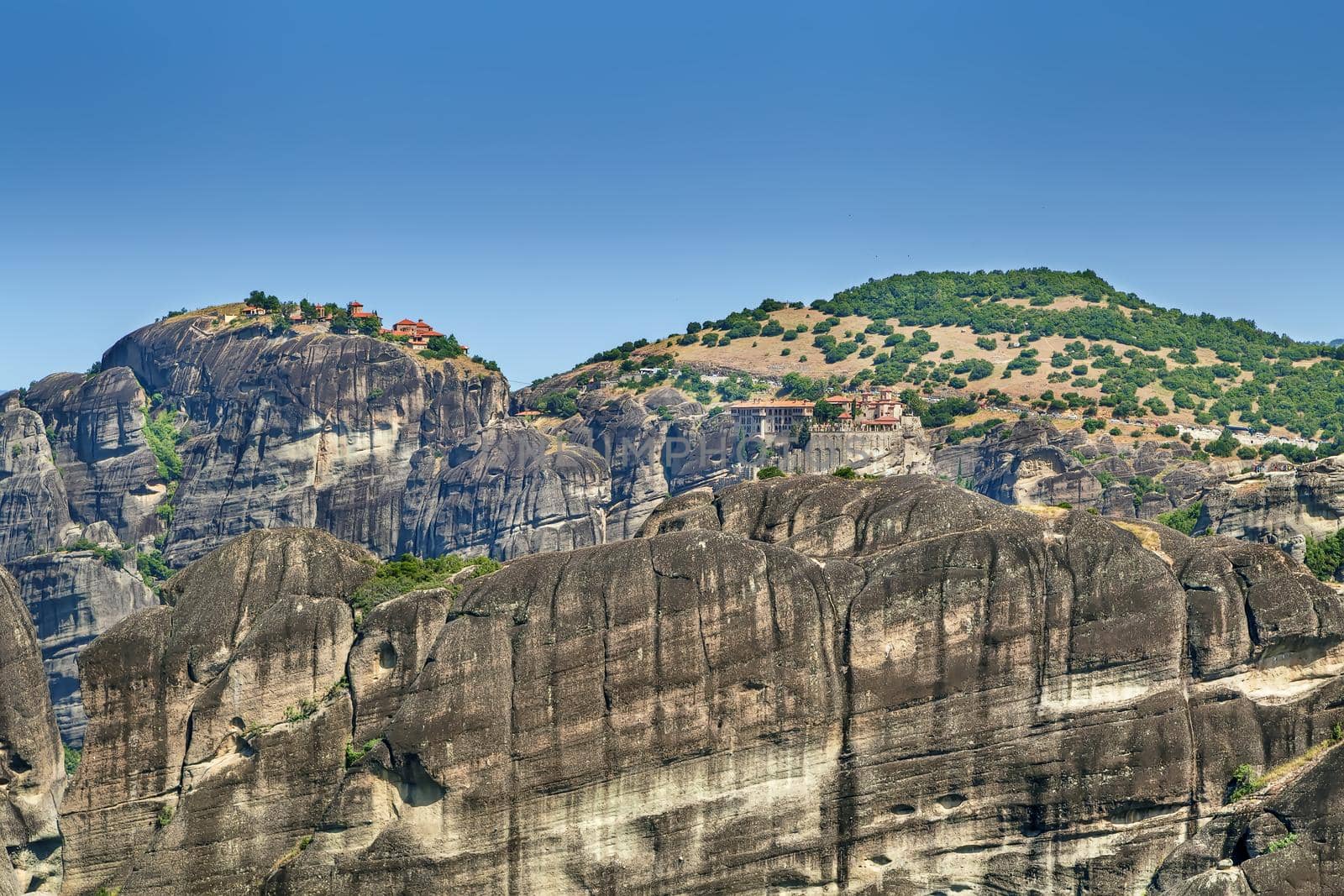 View of Monastery of Varlaam and Great Meteoron on rocks in Meteora, Greece