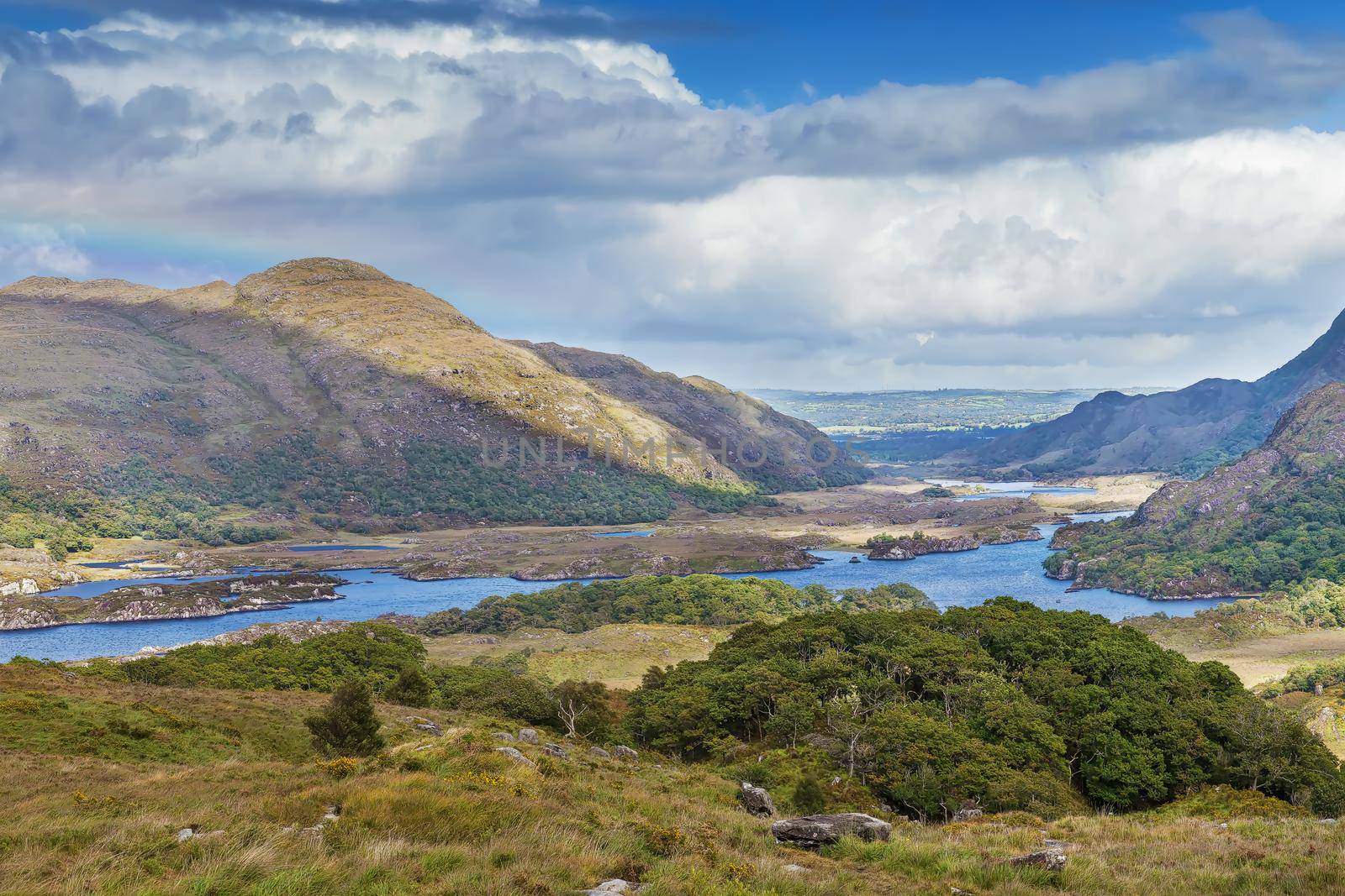 Landscape from Ladies View is a scenic viewpoint on the Ring of Kerry tourist route. Ireland