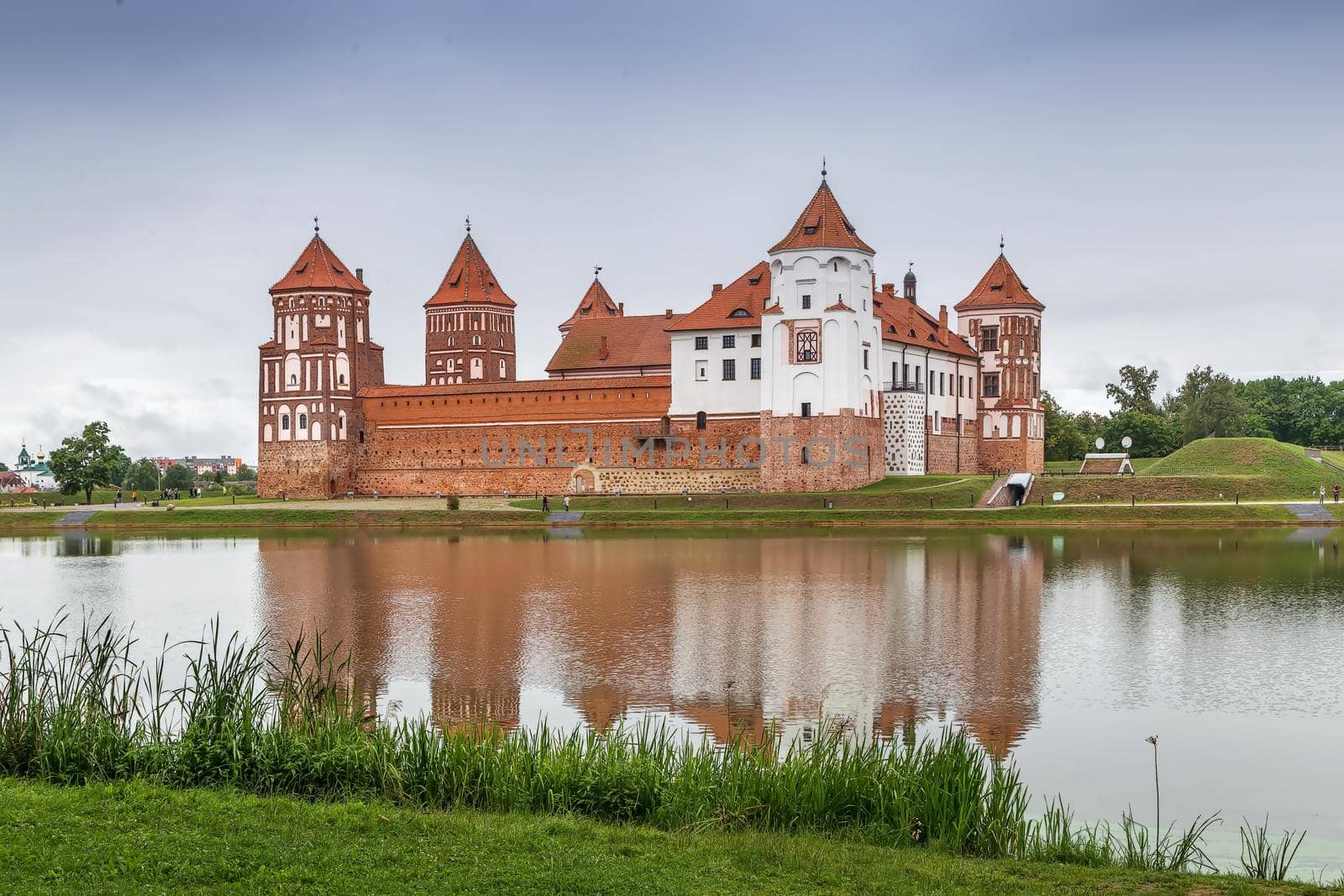 Mir Castle Complex is a UNESCO World Heritage site in Mir town, Belarus. View from lake