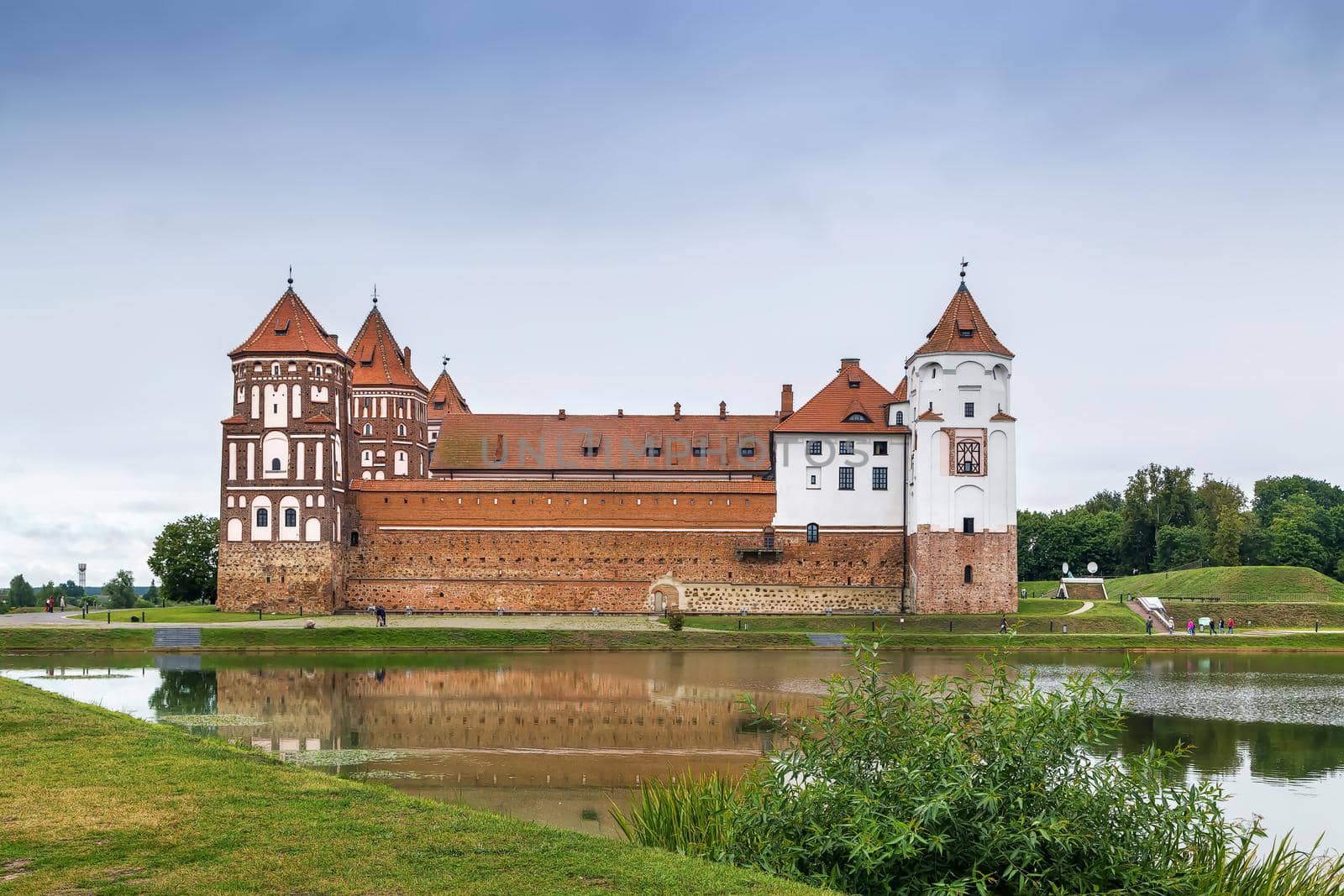 Mir Castle Complex is a UNESCO World Heritage site in Mir town, Belarus. View from lake