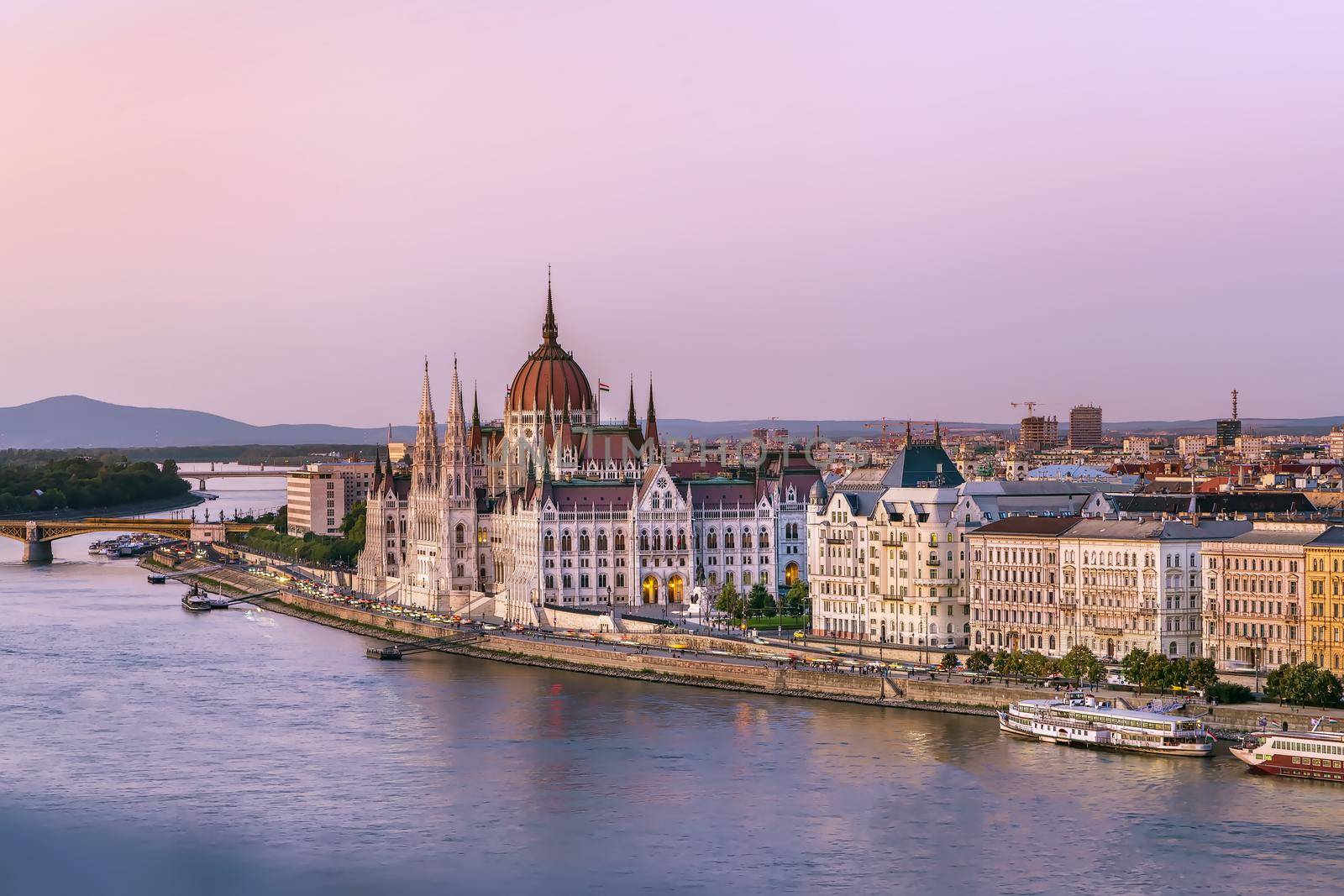 View of Budapest with Hungarian Parliament Building from Fisherman Bastion at dusk, Hungary