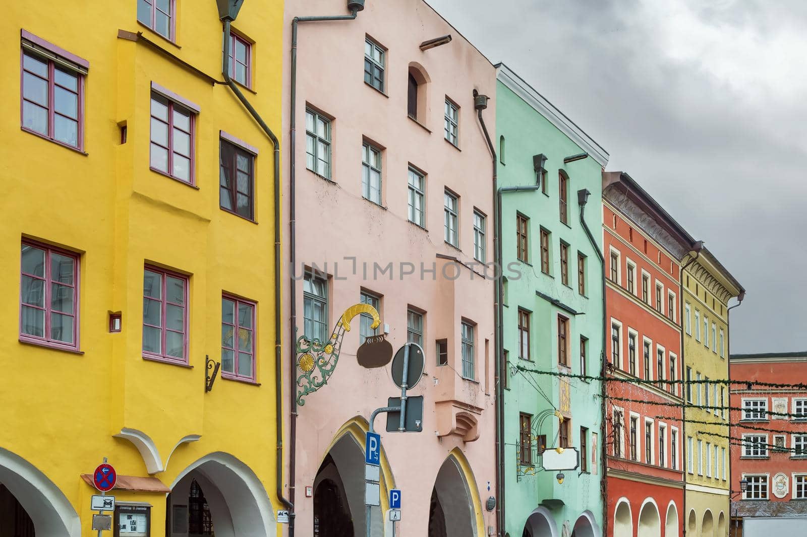 Street with historical houses in Wasserburg am Inn, Germany