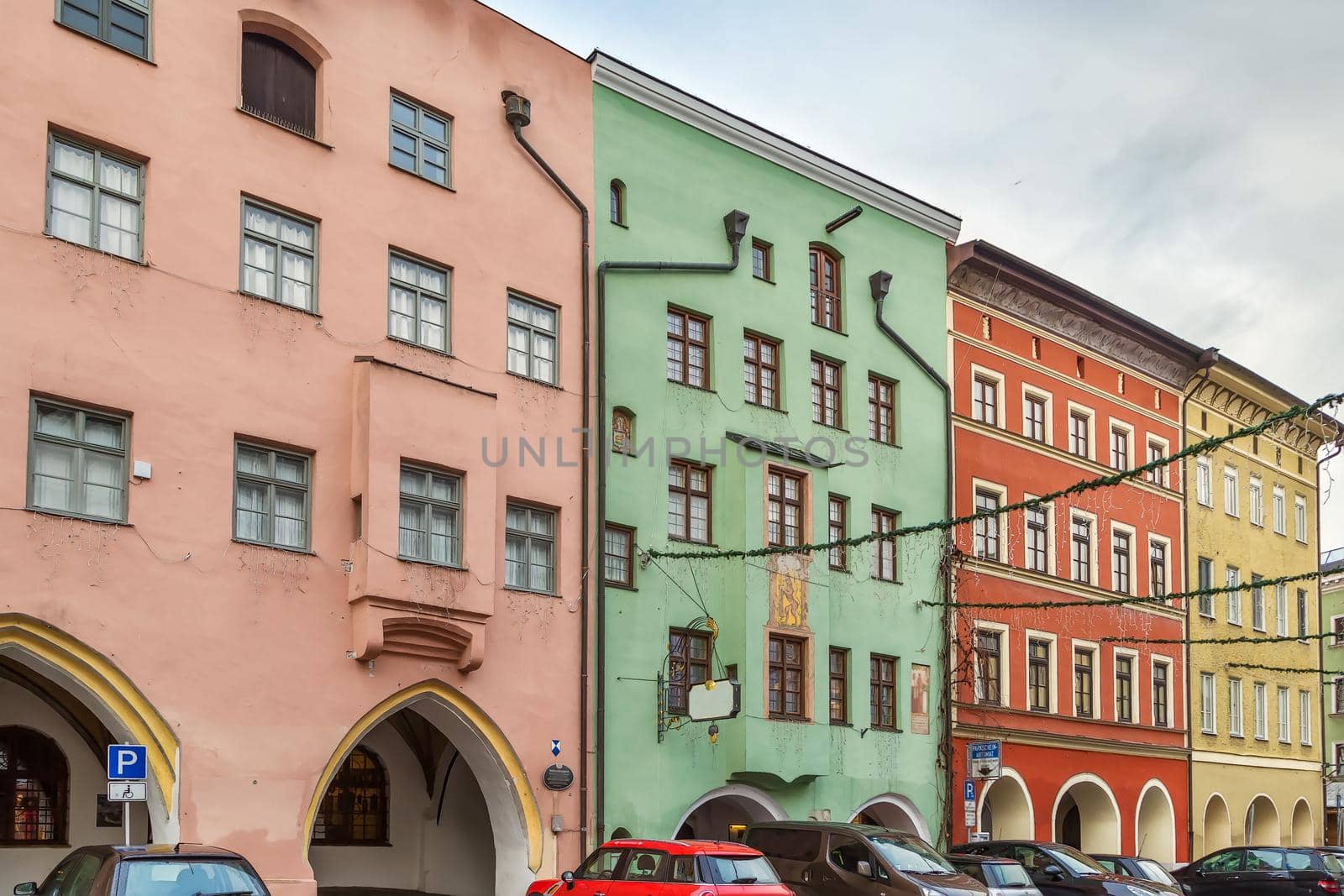 Street with historical houses in Wasserburg am Inn, Germany