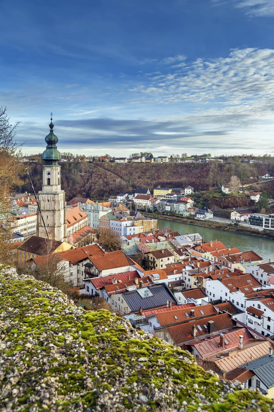 View of Burghausen city center with St. Jakob Parish Church from  Burghausen castle, Germany