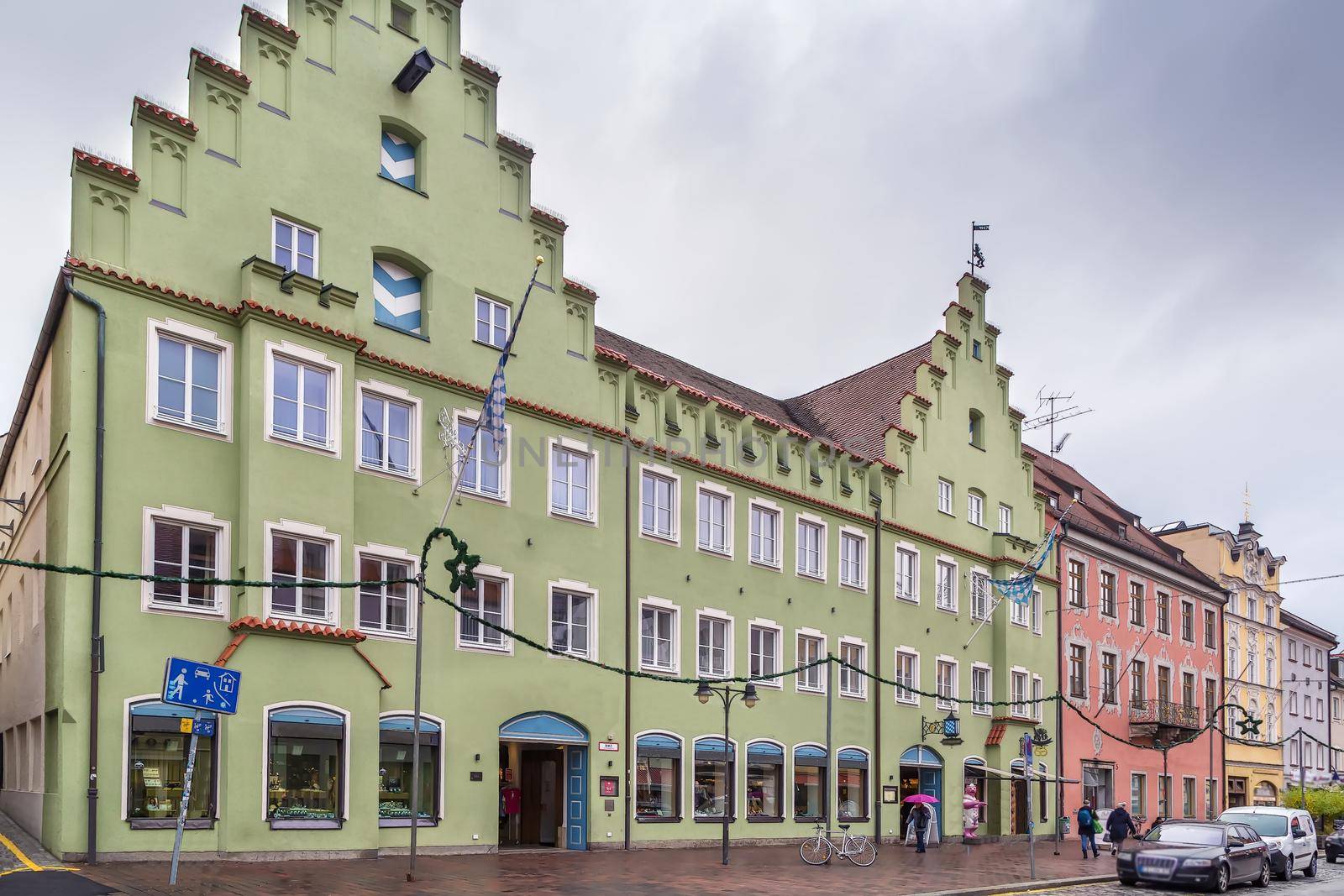 Street with historical houses in Freising city center, Germany