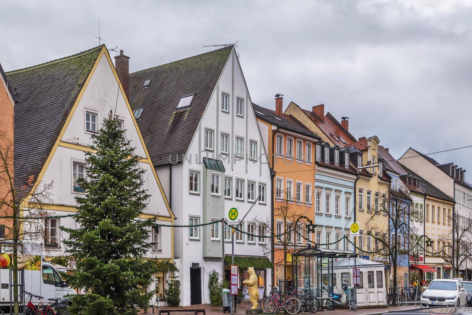 Street with historical houses in Freising city center, Germany