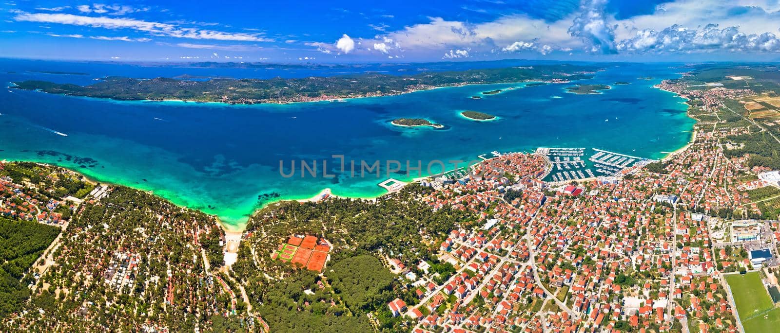 Biograd na Moru archipelago panoramic aerial view, coastline landscape of Croatia