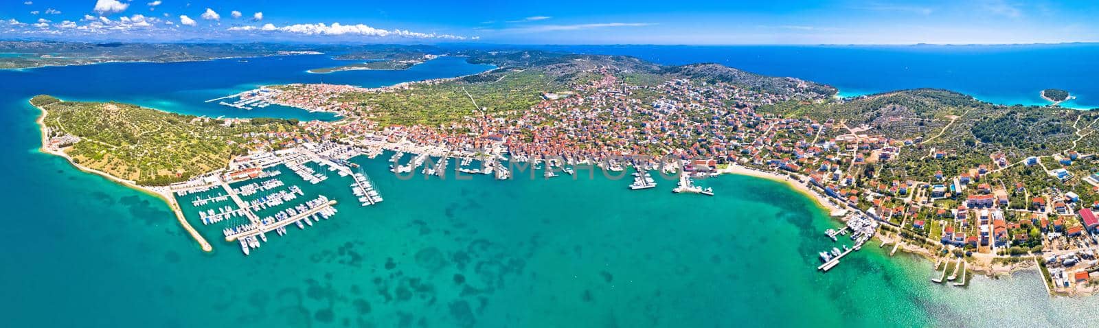 Island of Murter archipelago aerial panoramic view, Dalmatia region of Croatia