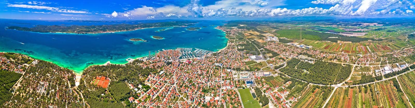 Biograd na Moru archipelago and Ravni Kotari panoramic aerial view, coastline landscape of Croatia