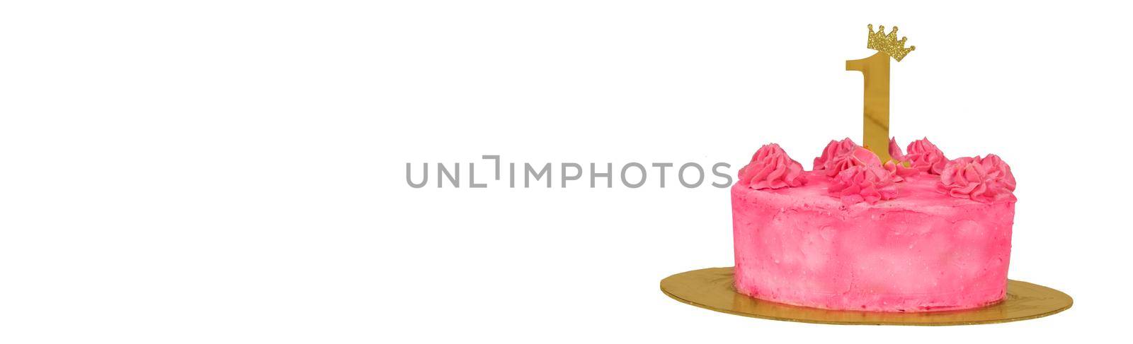 Pink cake banner with number 1 on a white background. First birthday.