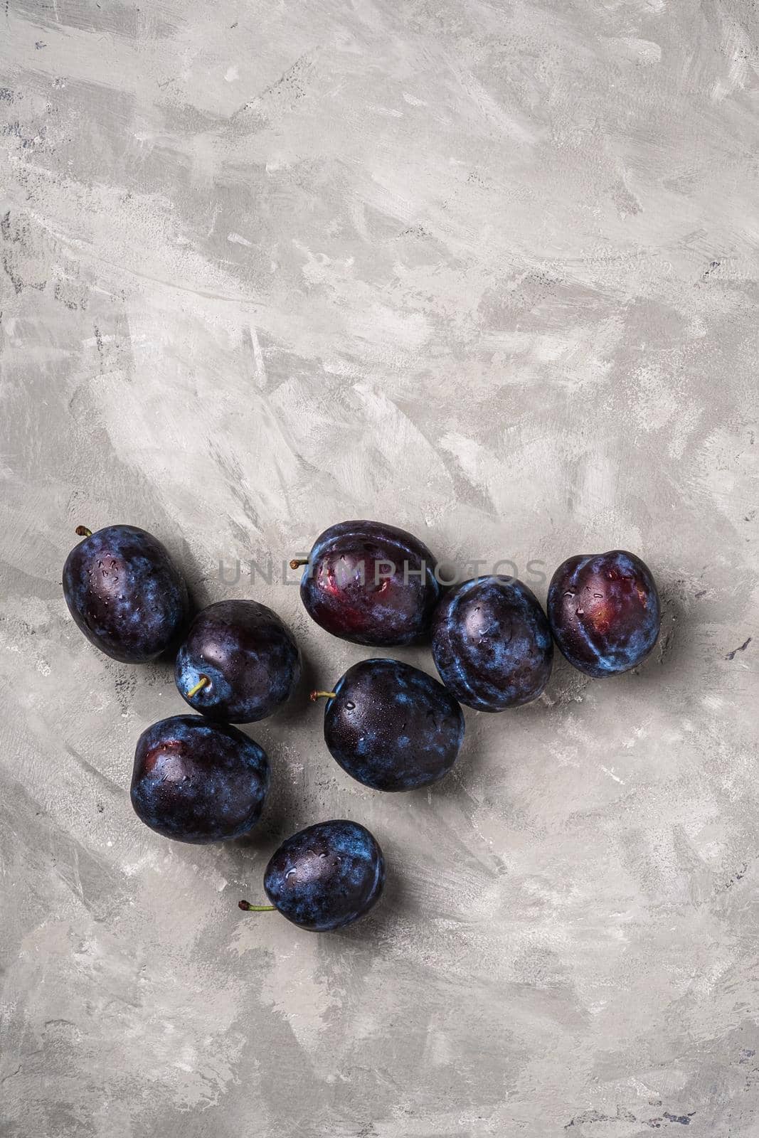 Fresh ripe plum fruits with water drops on stone concrete background, top view copy space by Frostroomhead