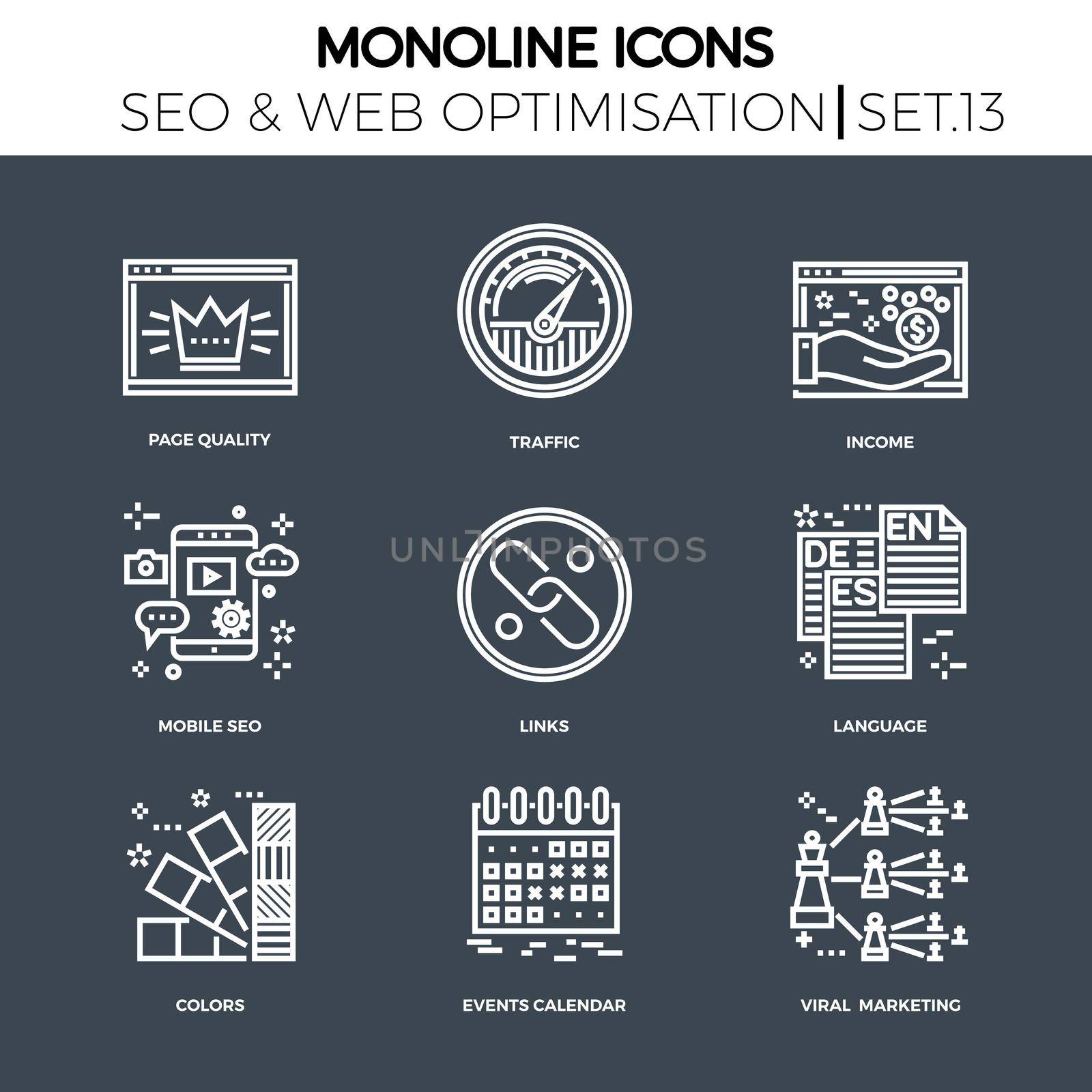 Line icons set with flat design of search engine optimization. Page quality, traffic, income, mobile seo, links, language, colors, events calendar, viral marketing. Monoline icons