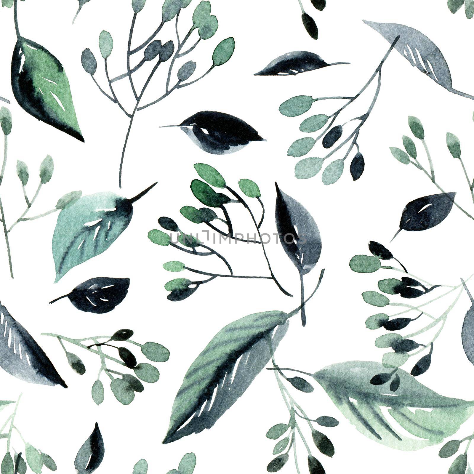 Watercolor leaves on white background - decorative organic seamless pattern.