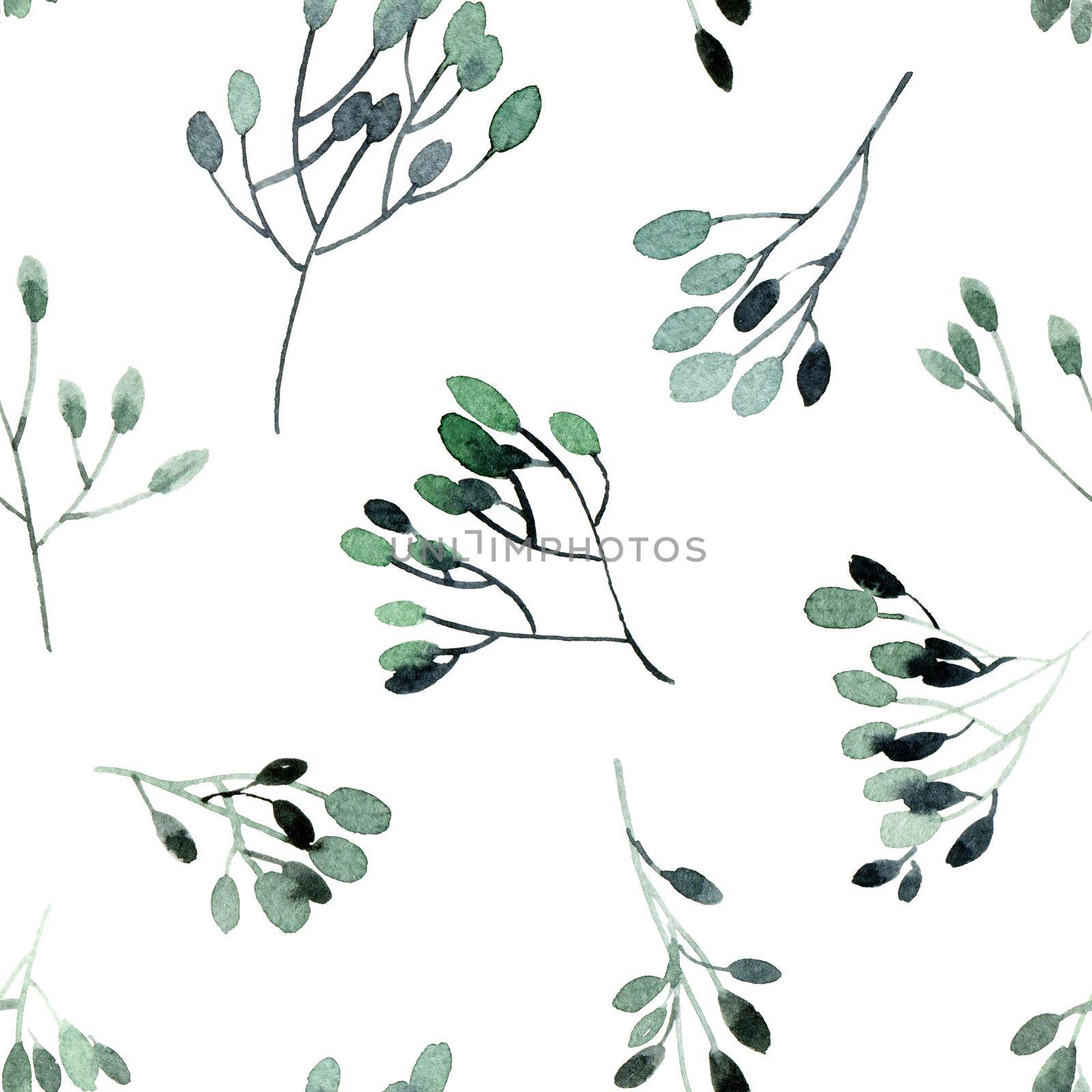 Watercolor leaves on white background - decorative organic seamless pattern.