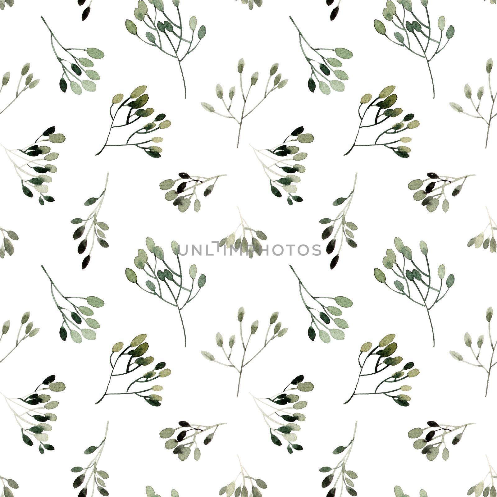 Watercolor leaves on white background - decorative organic seamless pattern.