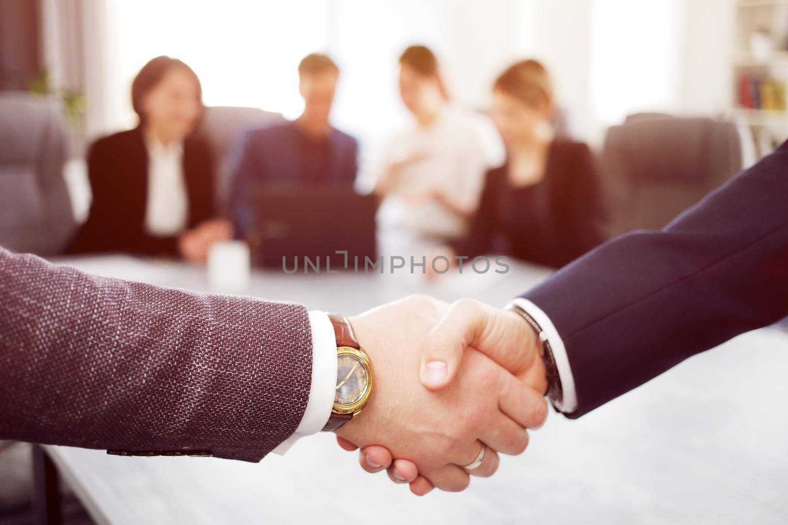 Business people shaking hands finishing a meeting in the background of their work team by selinsmo