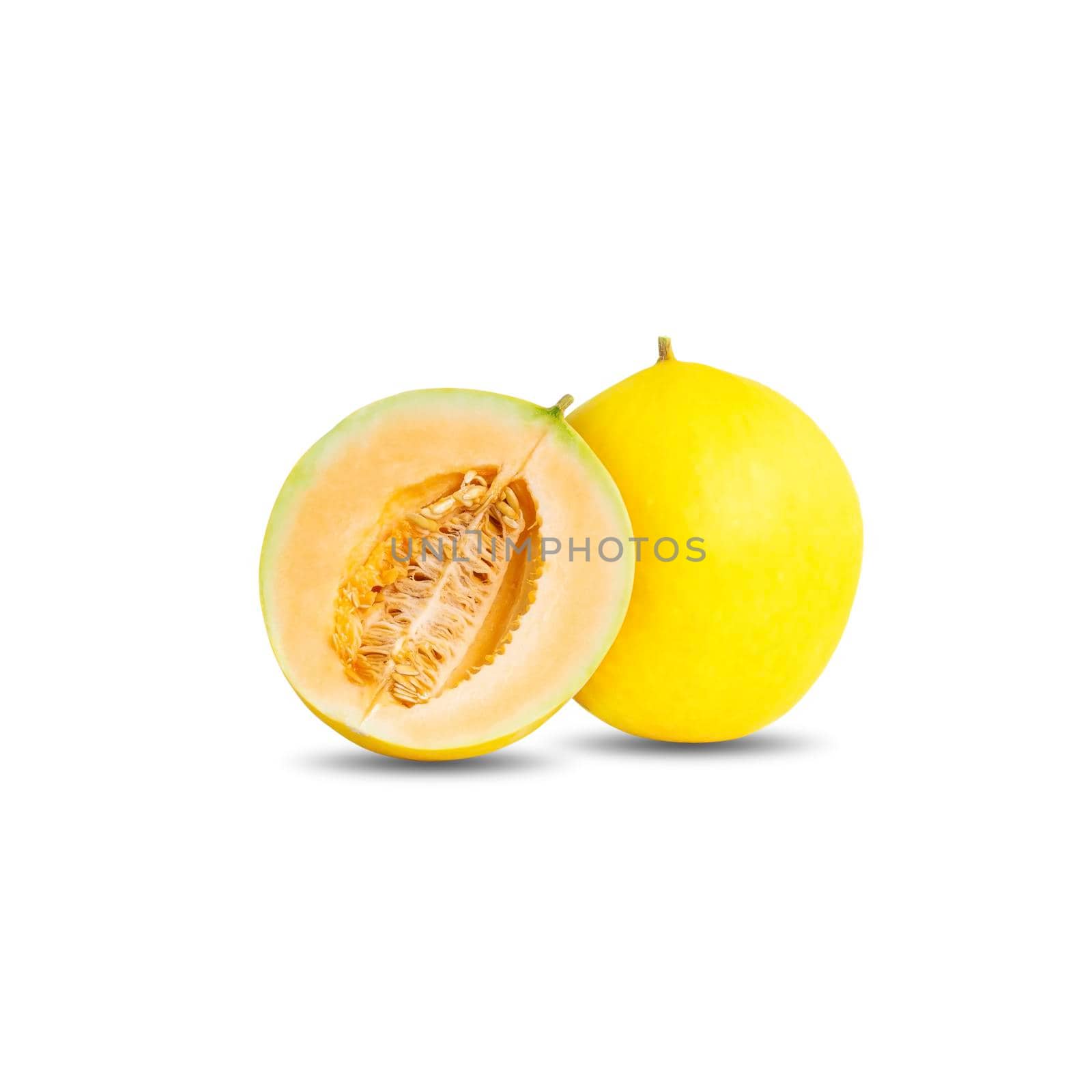 One cantaloupe or melon yellow color and a half piece isolated on white background