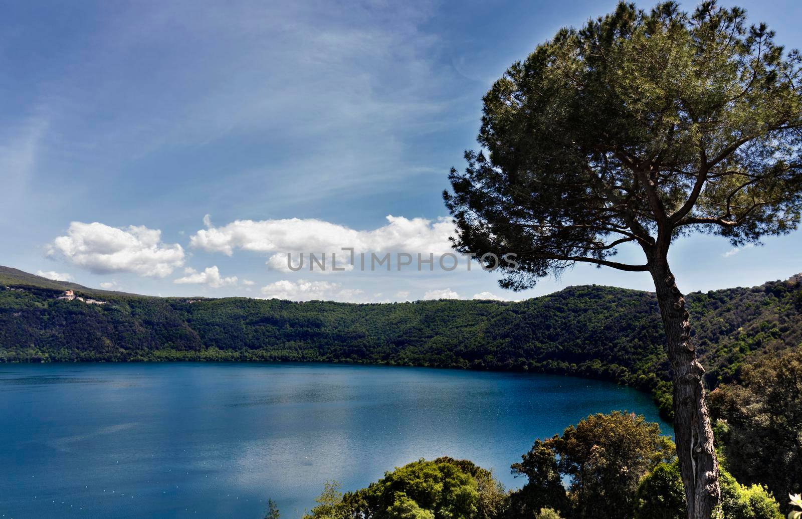 View of Albano Lake from the town of Castel Gandolfo ,small volcanic crater lake in Lazio -Italy