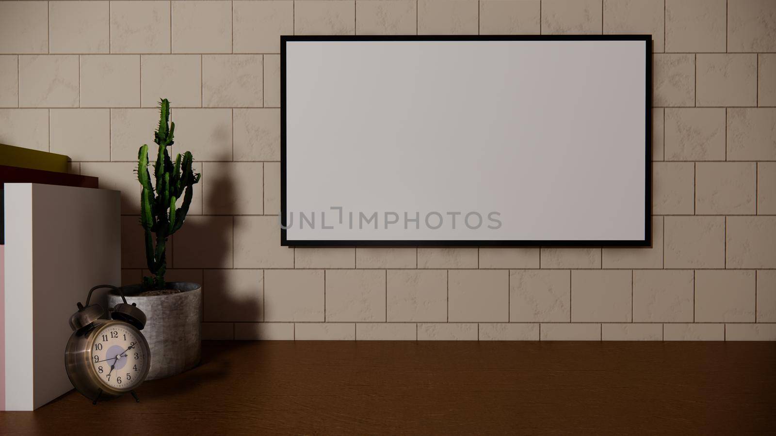 Mockup poster or picture frame, book and clock on wooden desk, 3d render. by nateemee