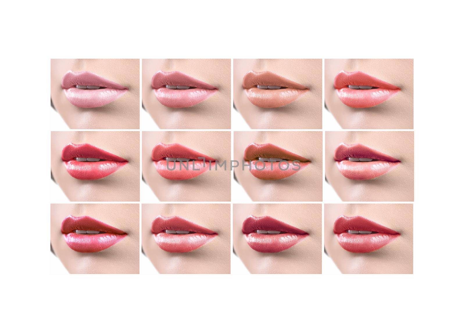 Collage of close up shot of beautiful full female lips with lipstick applied sexy seductive sensual mouth femininity beauty cosmetics makeup concept