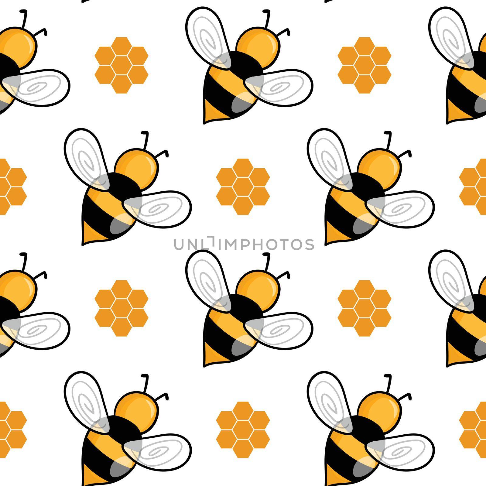 Seamless pattern with bees and honeycombs on white background. Small wasp. Vector illustration. Adorable cartoon character. Template design for invitation, cards, textile, fabric. Doodle style.