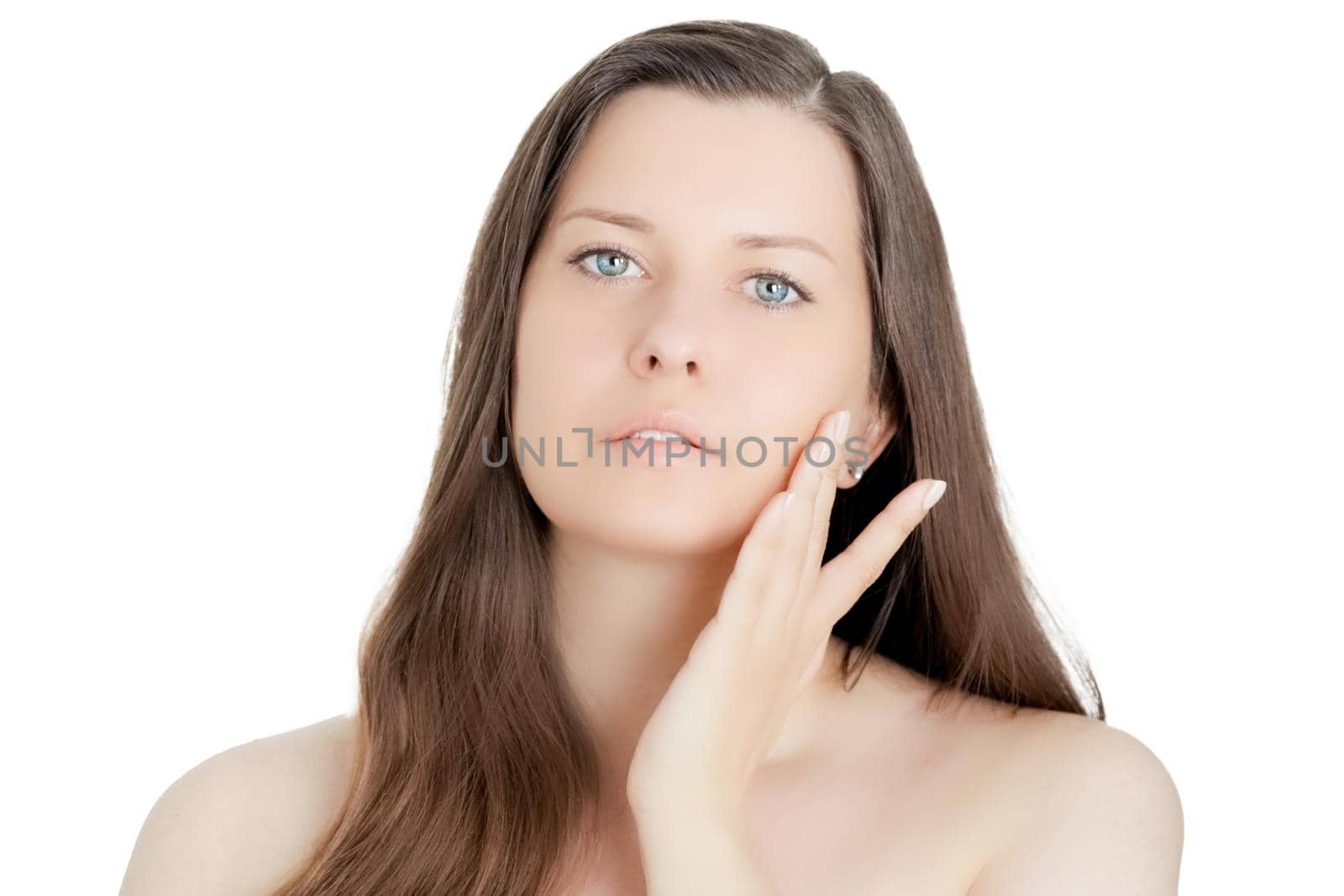 Beautiful woman with natural look, perfect skin as make-up and wellness concept, isolated on white background. Face portrait of young female model for skincare cosmetics and luxury beauty ad design.