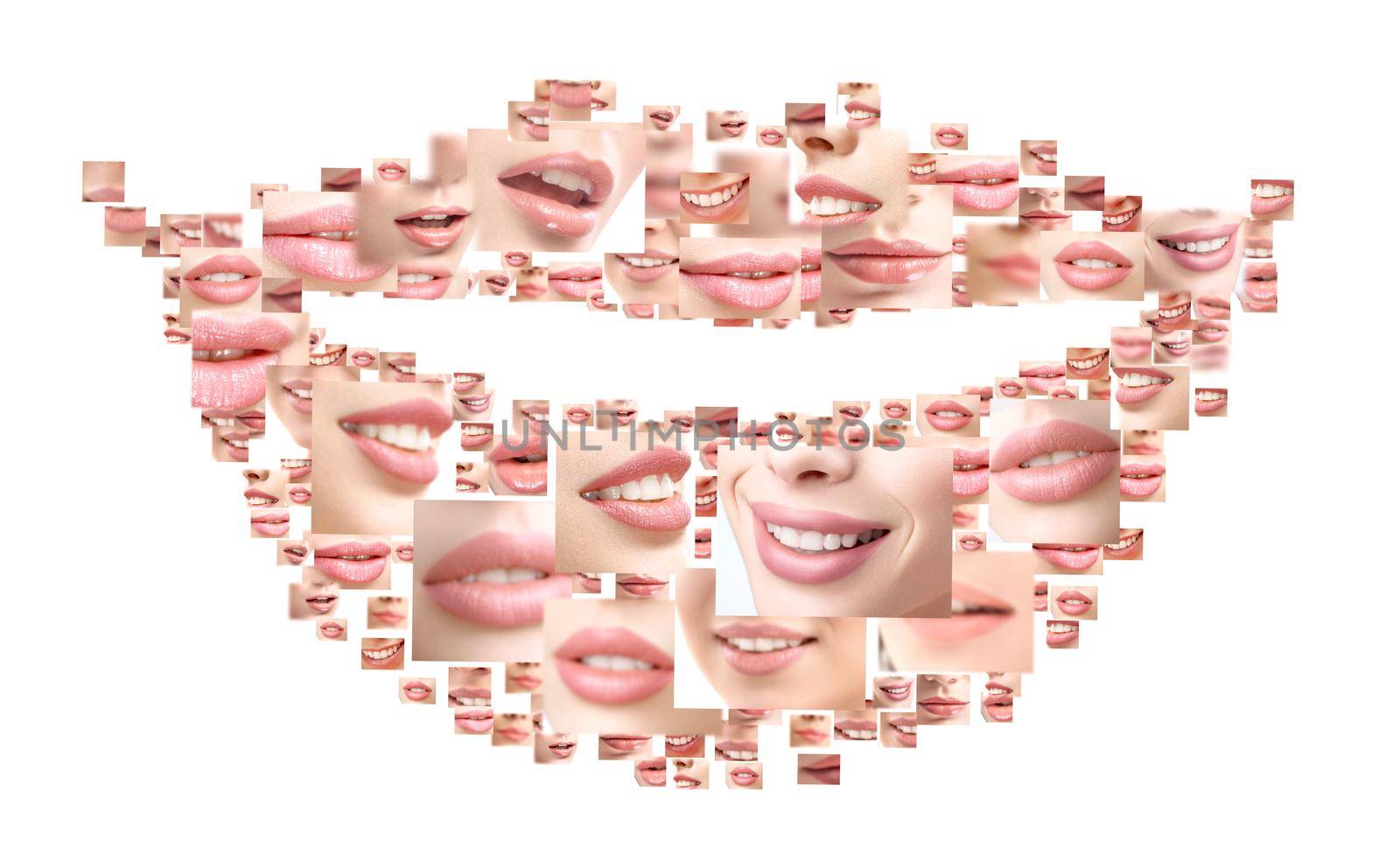Lips of smiles. Collection of many beautiful female smiles with perfect healthy white teeth in shape of human smile mouth or lips dental dentistry oral mouth teeth healthcare whitening bleaching
