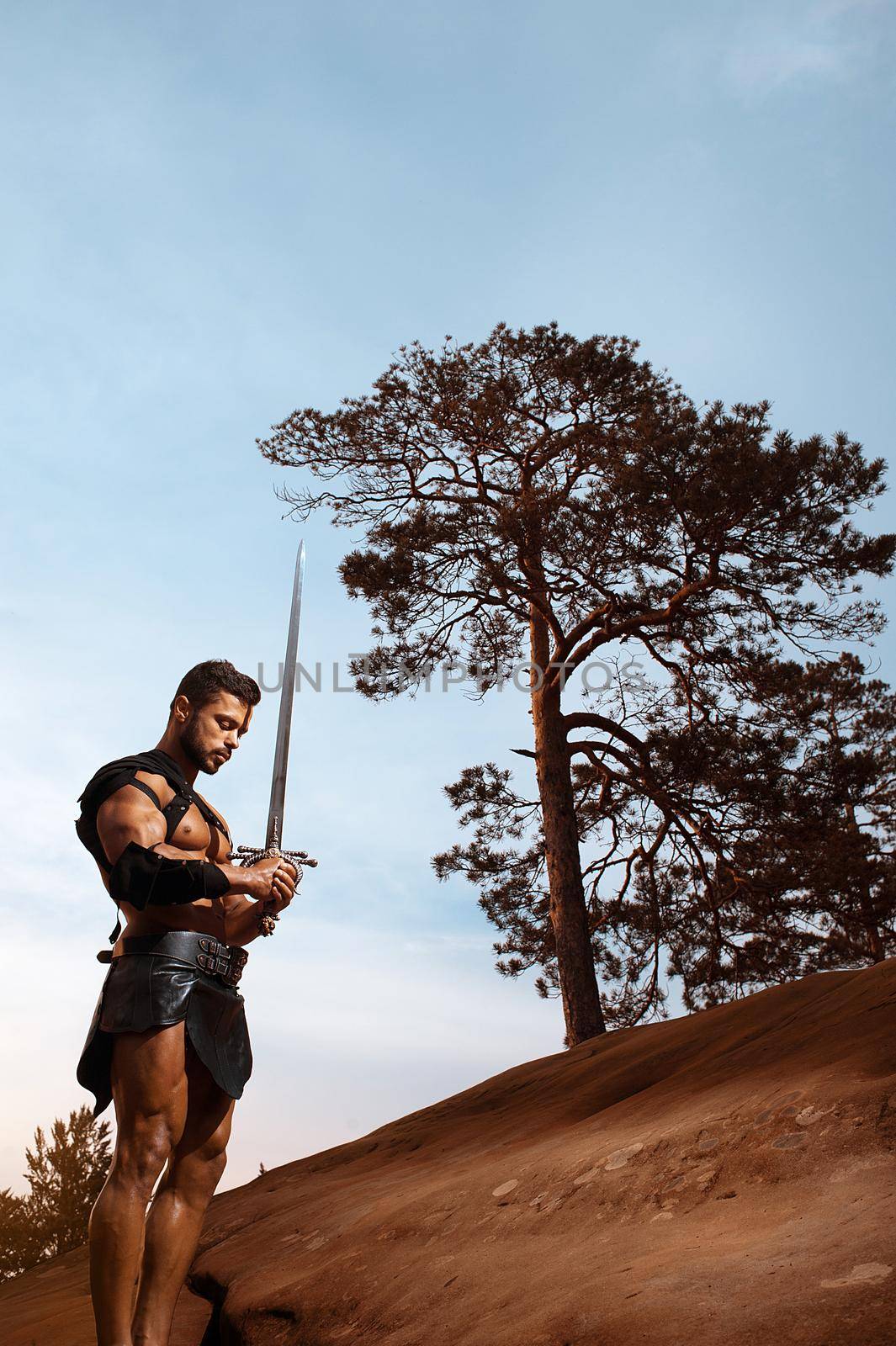 Peace in mind. Vertical portrait of a strong handsome young gladiator with muscular body holding a sword standing on a rock at the woods copyspace