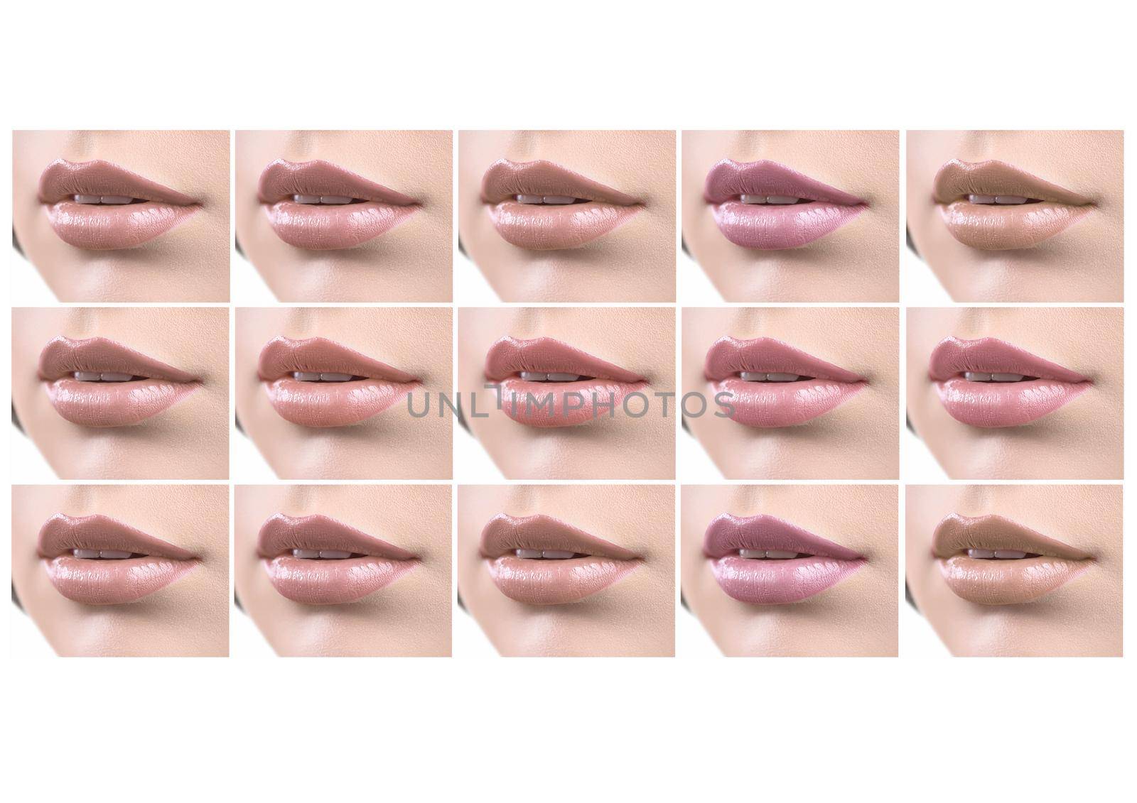 Set of female lips covered with nude natural colored lipsticks isolated on white copyspace makeup visage beauty cosmetics fashion mouth sexy seductive sensual softness concept