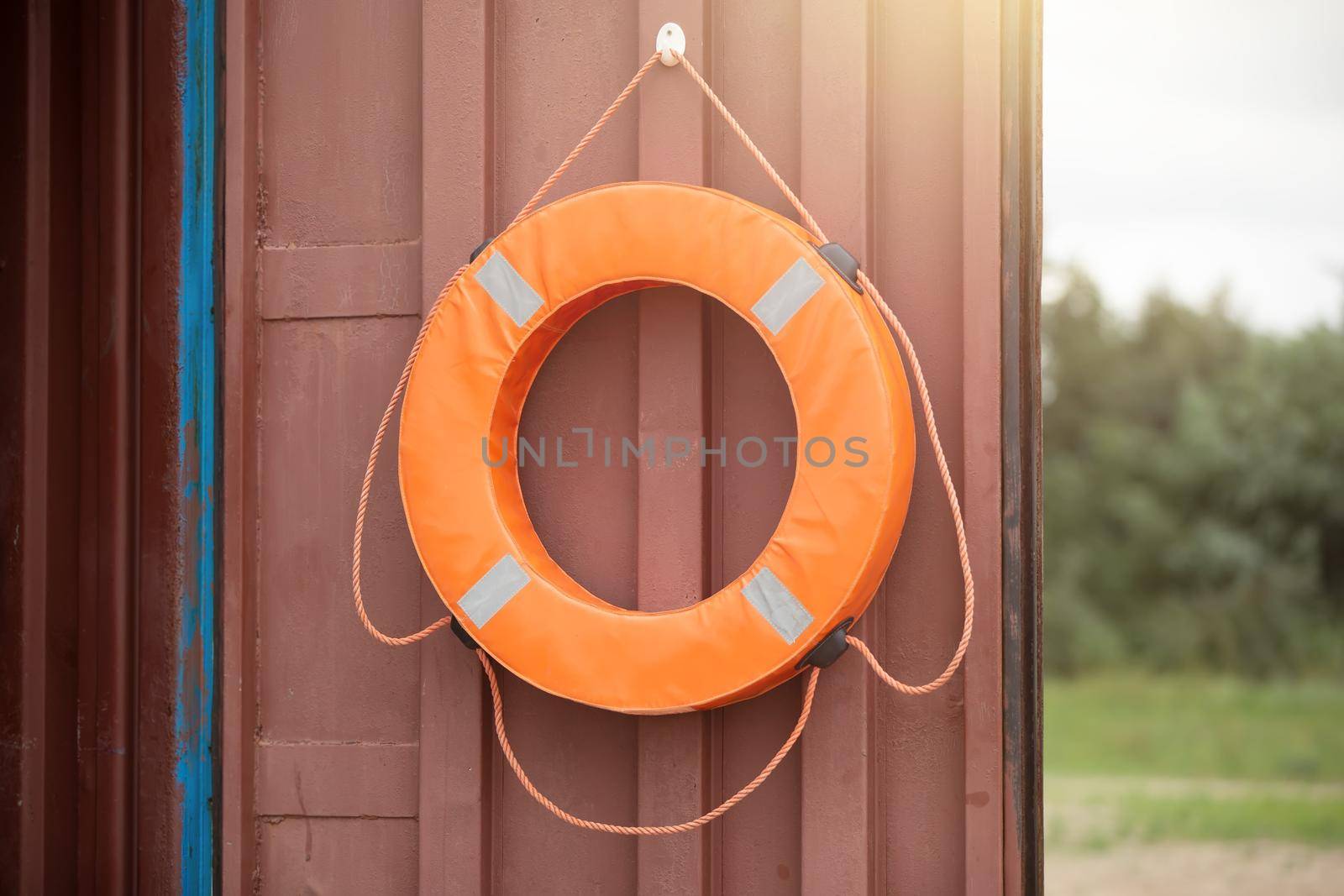 A life buoy is hanging on the door.