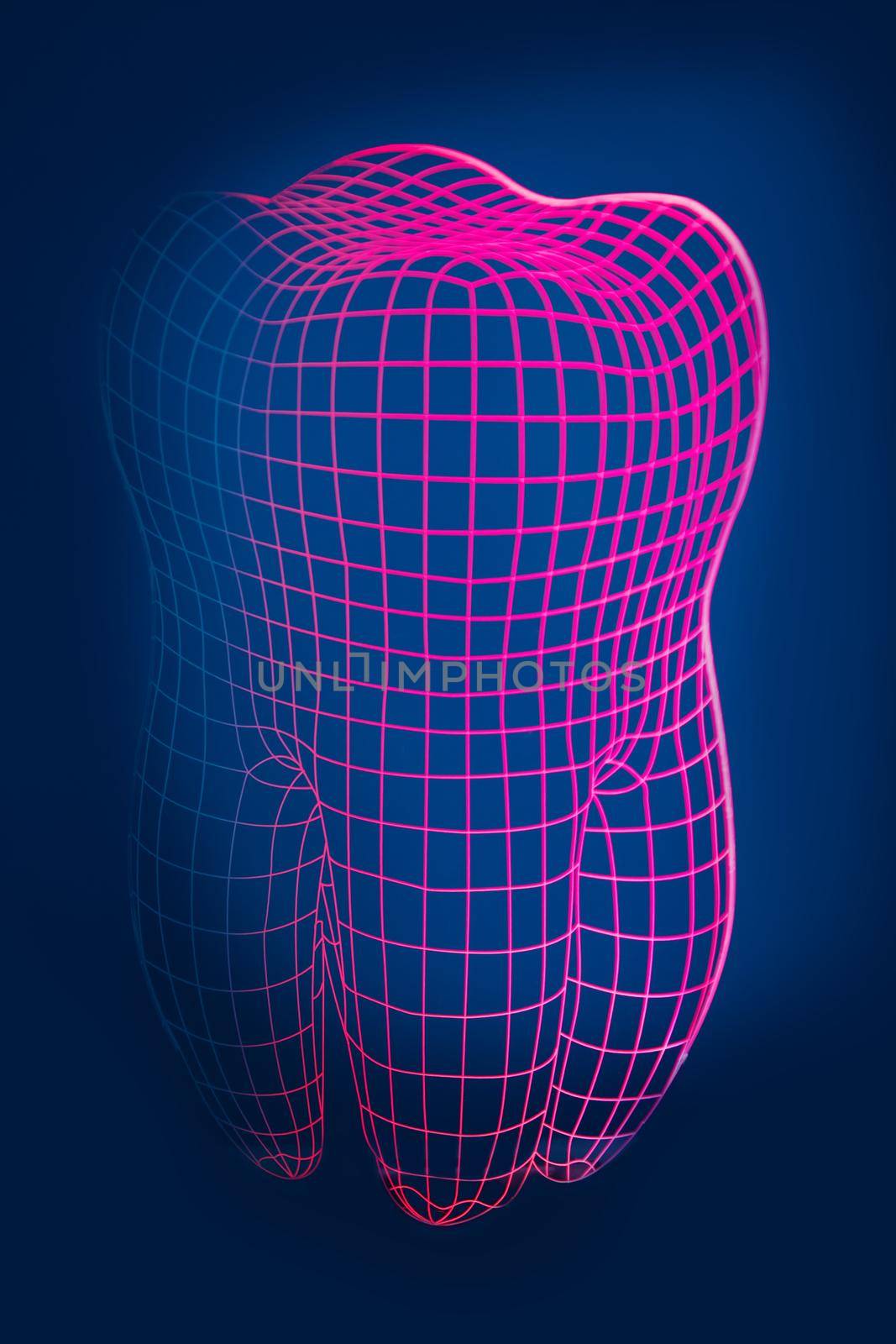 Tooth mesh on a blue background. Actively regenerating granules of calcium and fluorine. Enamel protection. by Sviatlana