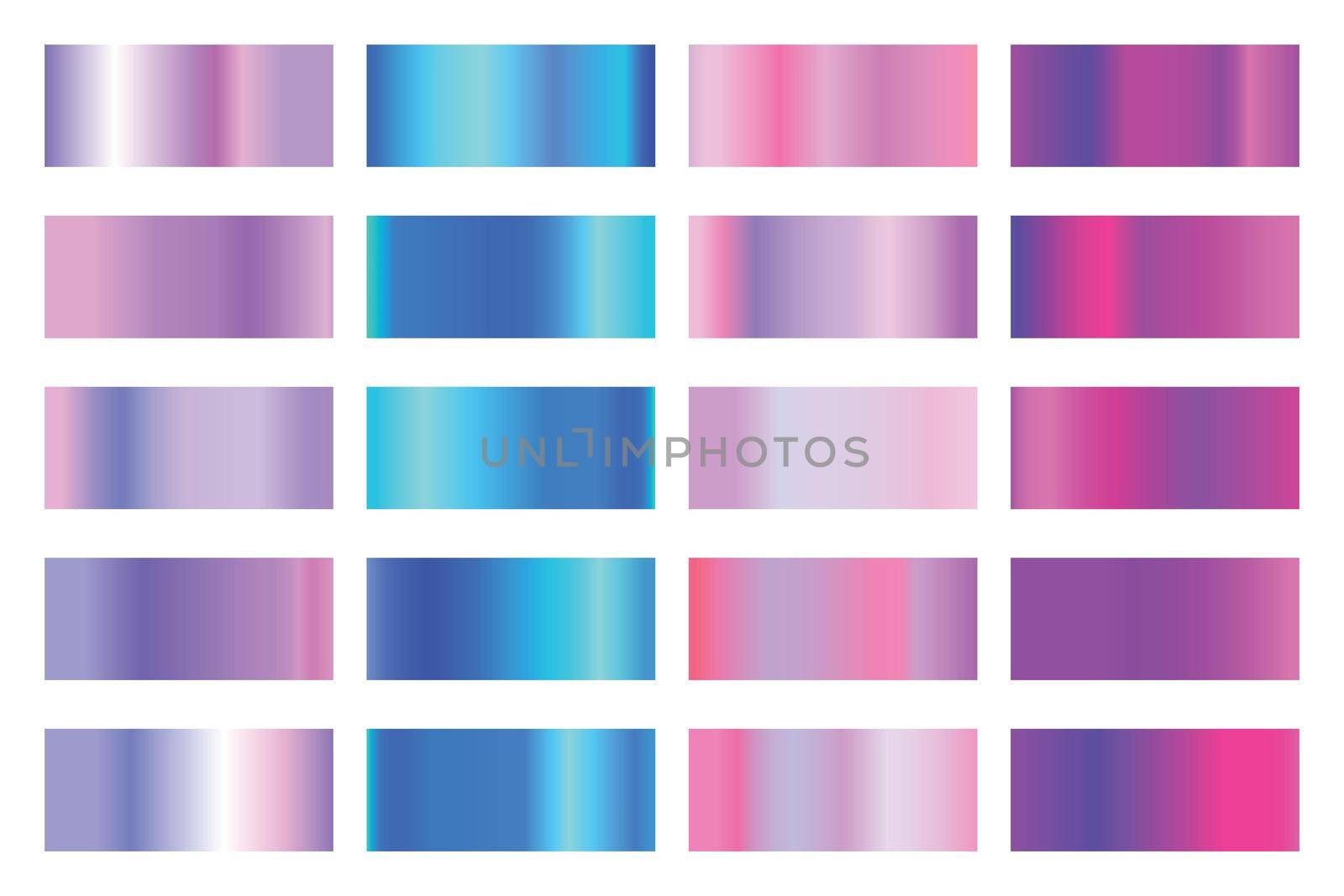 Metalic gradient collection with shiny colorful hologram. Holographic foil texture, gold rose, blue and golden gradation. Vector set for frame, ribbon, border, other design.