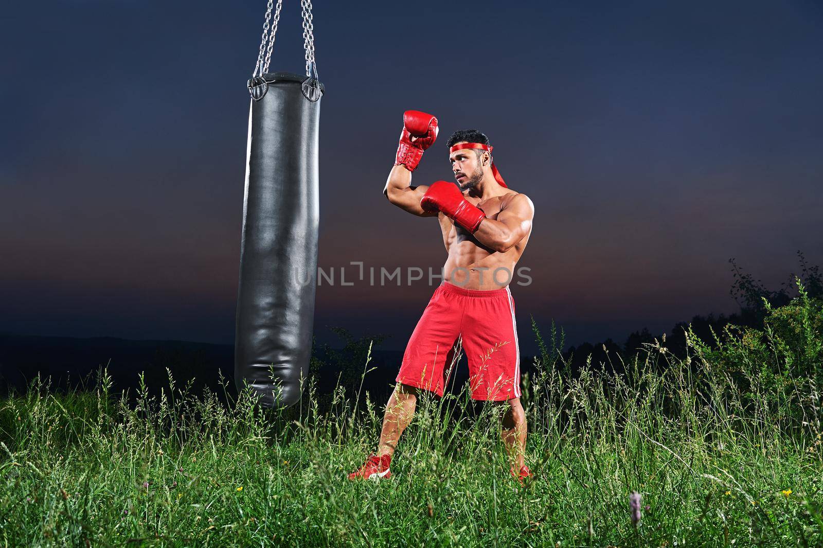 Full length shot of a young muscular strong boxer training outdoors with a punching bag copyspace nature concentration sports strength preparation achieving workout exercising confidence concept .