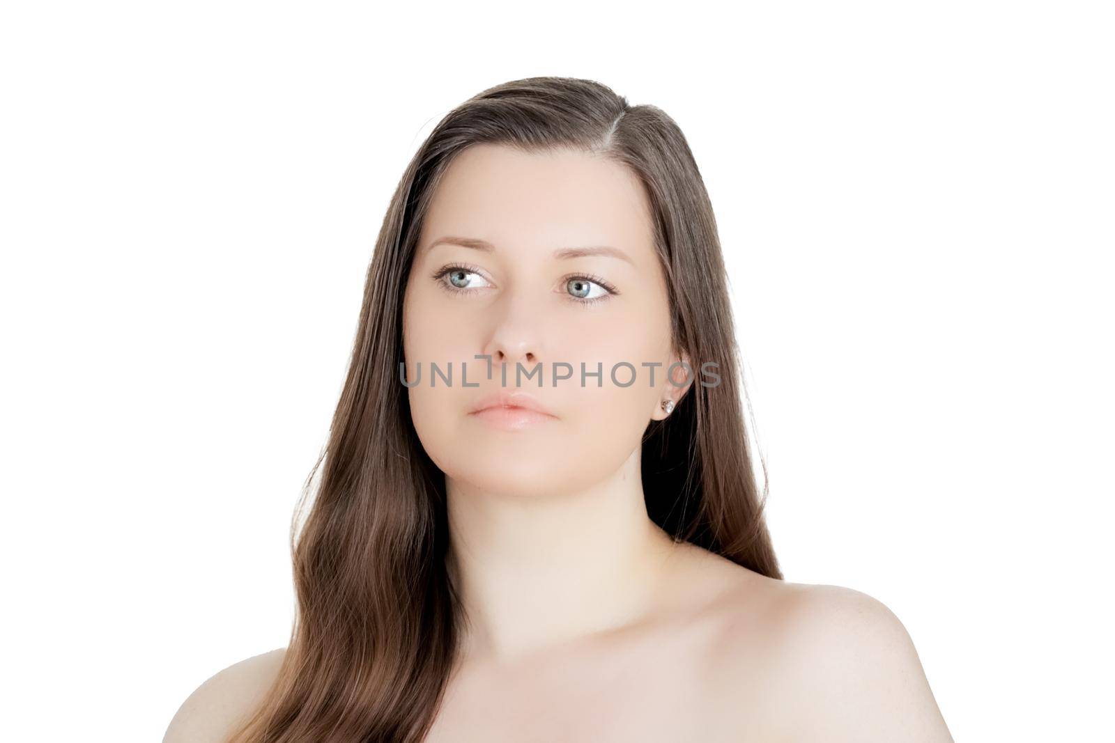 Beautiful woman with natural look, perfect skin as make-up and wellness concept, isolated on white background. Face portrait of young female model for skincare cosmetics and luxury beauty ad design by Anneleven