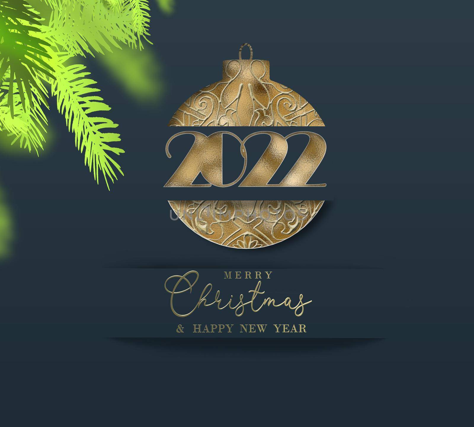 Christmas New Year 2022 greetings. Xmas pine. Gold ball bauble, gold digit 2022 over dark blue. Golden text Merry Christmas Happy New Year. Winter holiday corporate card. Greeting card. Illustration