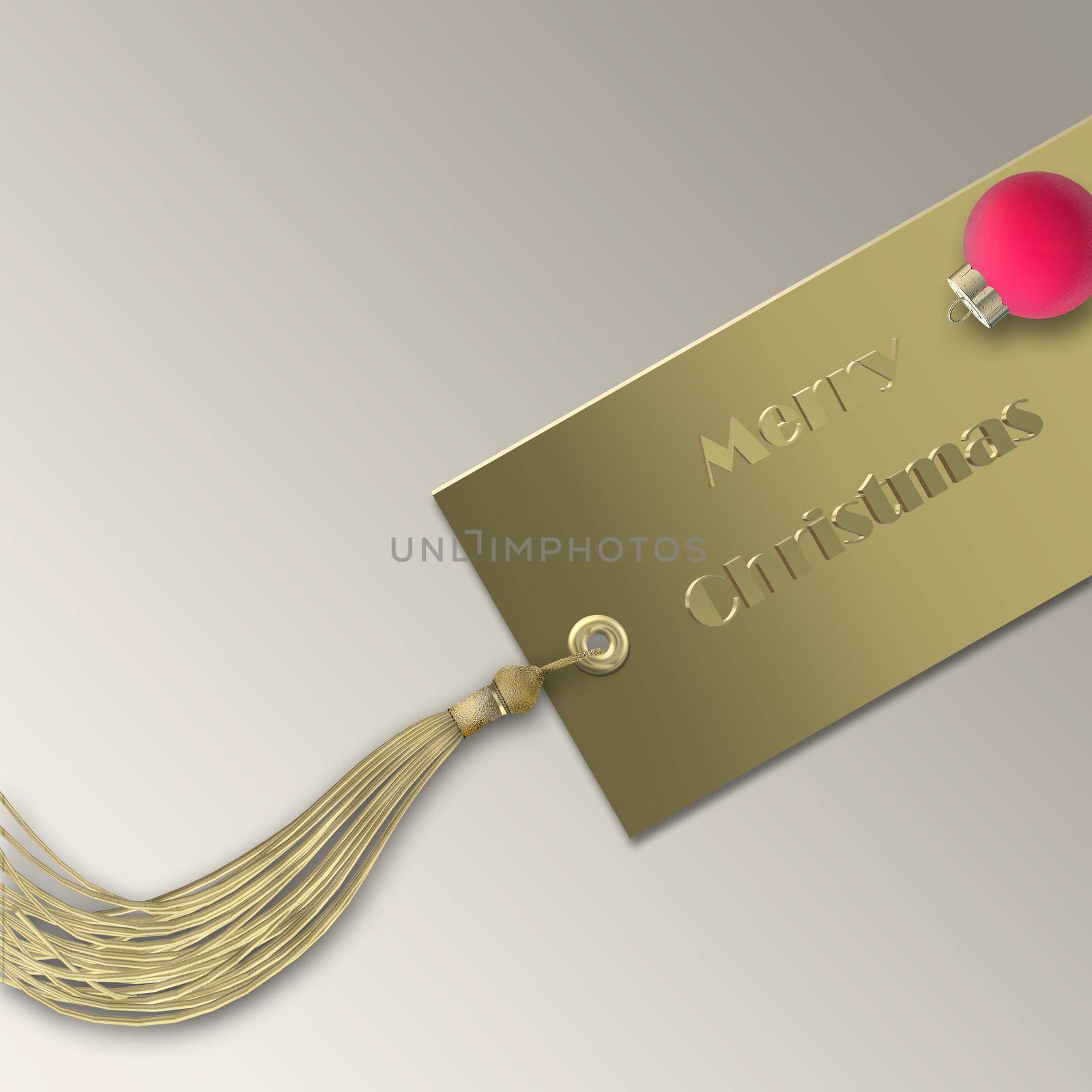Business corporate Christmas New Year 2022 card. Minimalist greeting. Gold gift tag, red ball bauble with text Merry Christmas Happy New Year. Pastel beautiful business card. Place for text. 3D Illustration