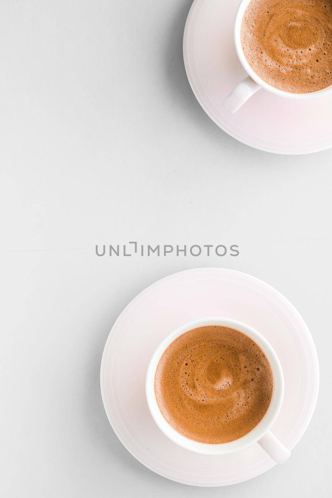 Drinks menu, italian espresso recipe and organic shop concept - Cup of hot french coffee as breakfast drink, flatlay cups on white background