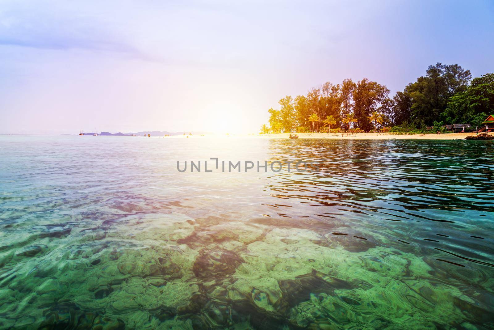 Beautiful nature landscape colorful the sunlight at the sunrise in summer over the clear sea, see the coral reef, beach, tree, resort at North Point Beach, Koh Lipe island, Tarutao, Satun, Thailand