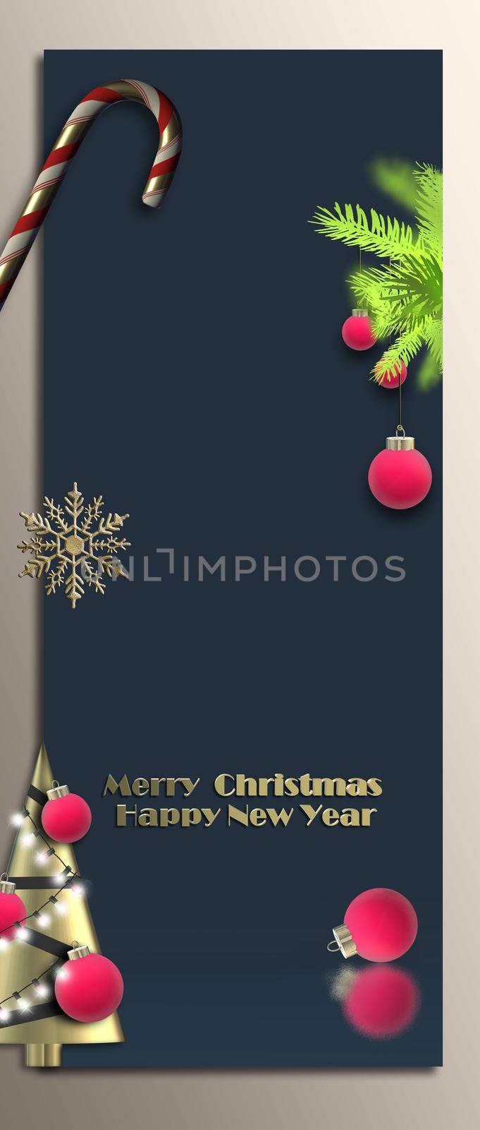 Christmas New Year vertical poster, menu, template on dark blue. Xmas tree branches, Christmas tree with baubles. Gold text Merry Christmas Happy New Year. Place for text, copy space. 3D illustration