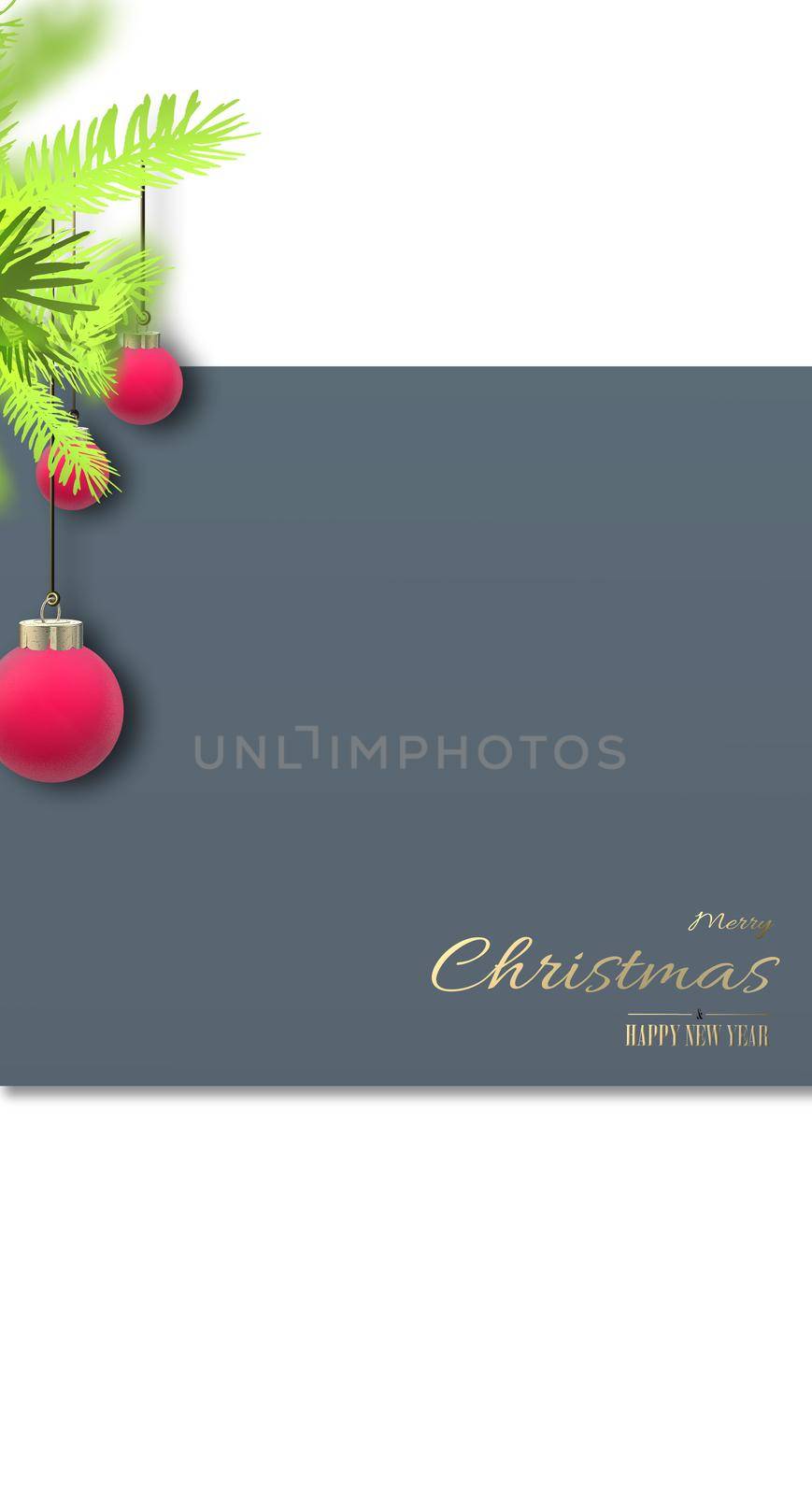 christmas menu template, Vertical banner. Mock up frame, blank copy space, fir branches, red Christmas baubles over grey white. 3D illustration