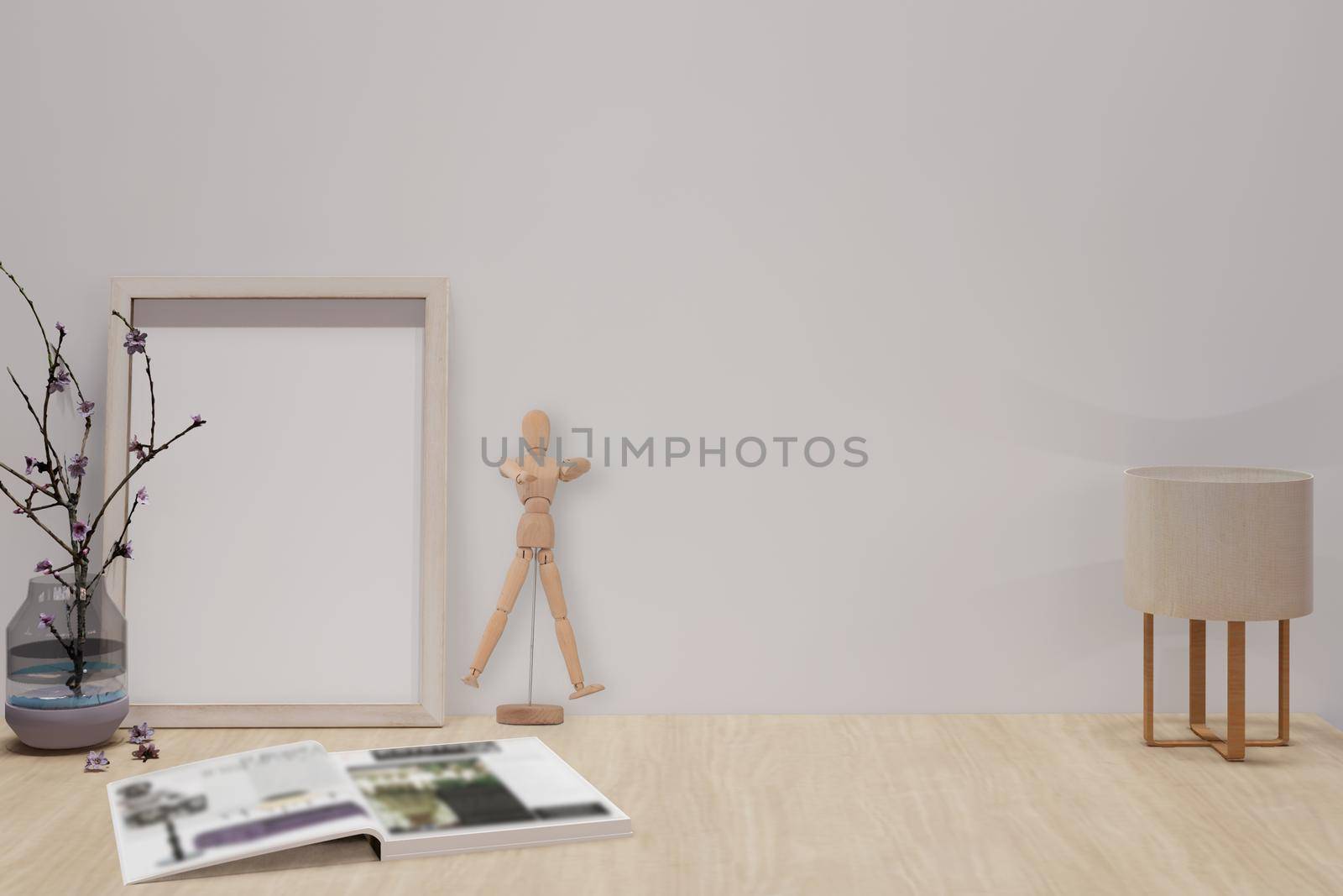 Vertical wooden frame mockup. mock up poster on wooden desk,3d illustration.