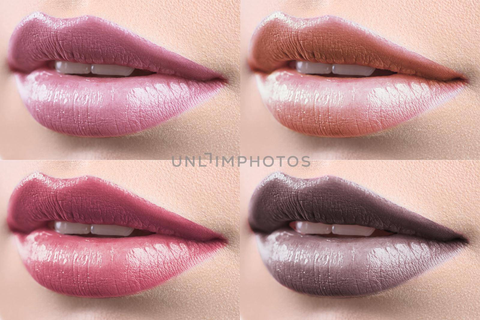 Pink to brown. Collage of 4 close up shots of lips of a beautiful woman covered with lip gloss beauty sexy seductive sensuality femininity lipstick cosmetics beautician lip augmentation concept
