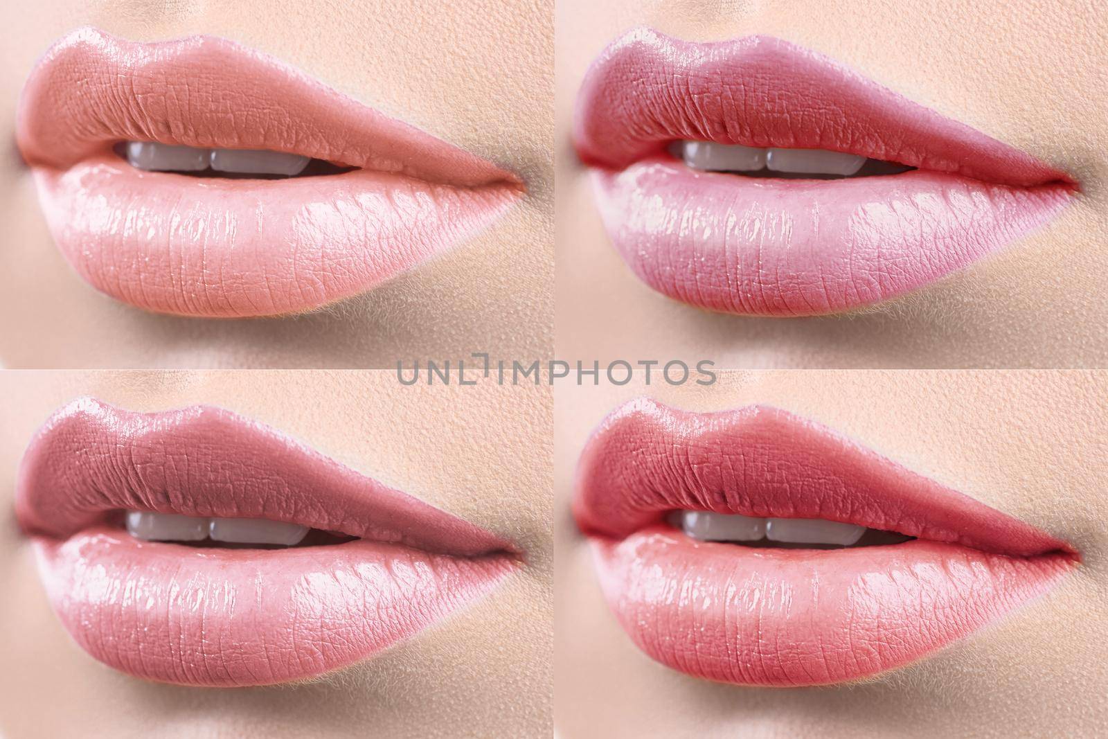 Beautiful lips. Set of female mouths sexy lips covered with colorful lipstick face skin cosmetic products advertising beauty treatment augmentation procedure filler concept