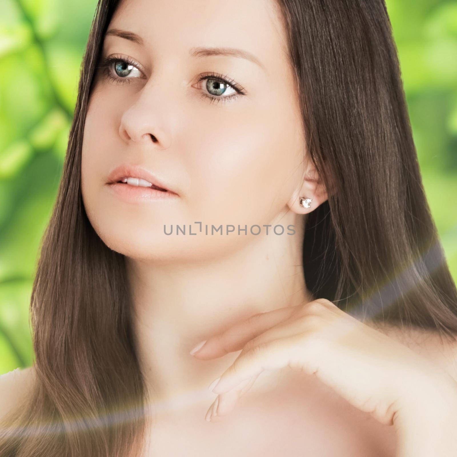 Beauty portrait of young woman for natural skincare and cosmetic brand, spring nature on background as wellness, health and organic beauty concept.